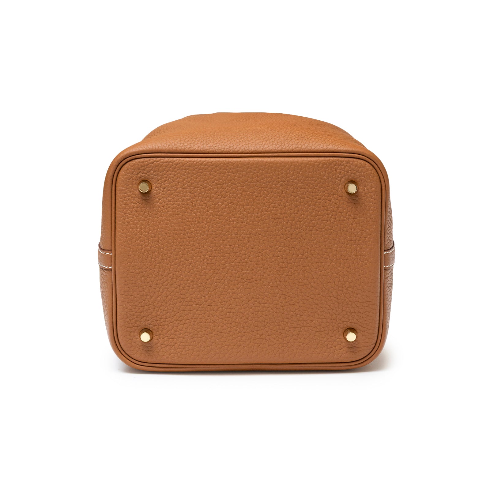 Bottom view of Hermès Picotin 22 Gold Clemence Gold Hardware showing leather texture and protective feet