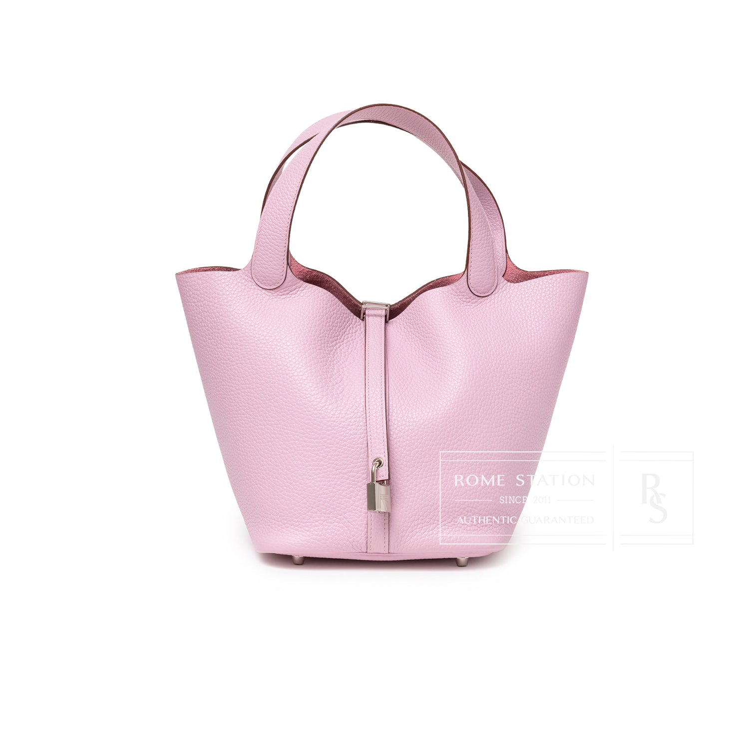 Front view of Hermès Picotin 22 Mauve Sylvestre Clemence Palladium Hardware showing soft leather texture and padlock detail