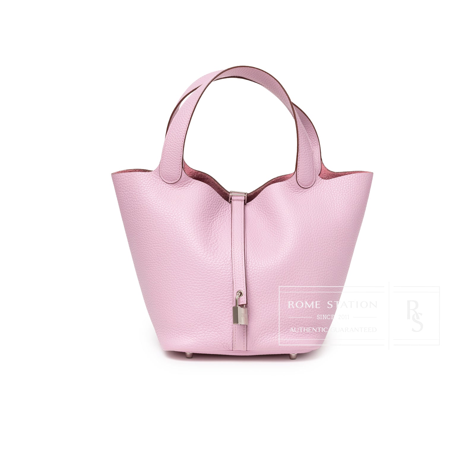 Front view of Hermès Picotin 22 Mauve Sylvestre Clemence Palladium Hardware showing soft leather texture and padlock detail