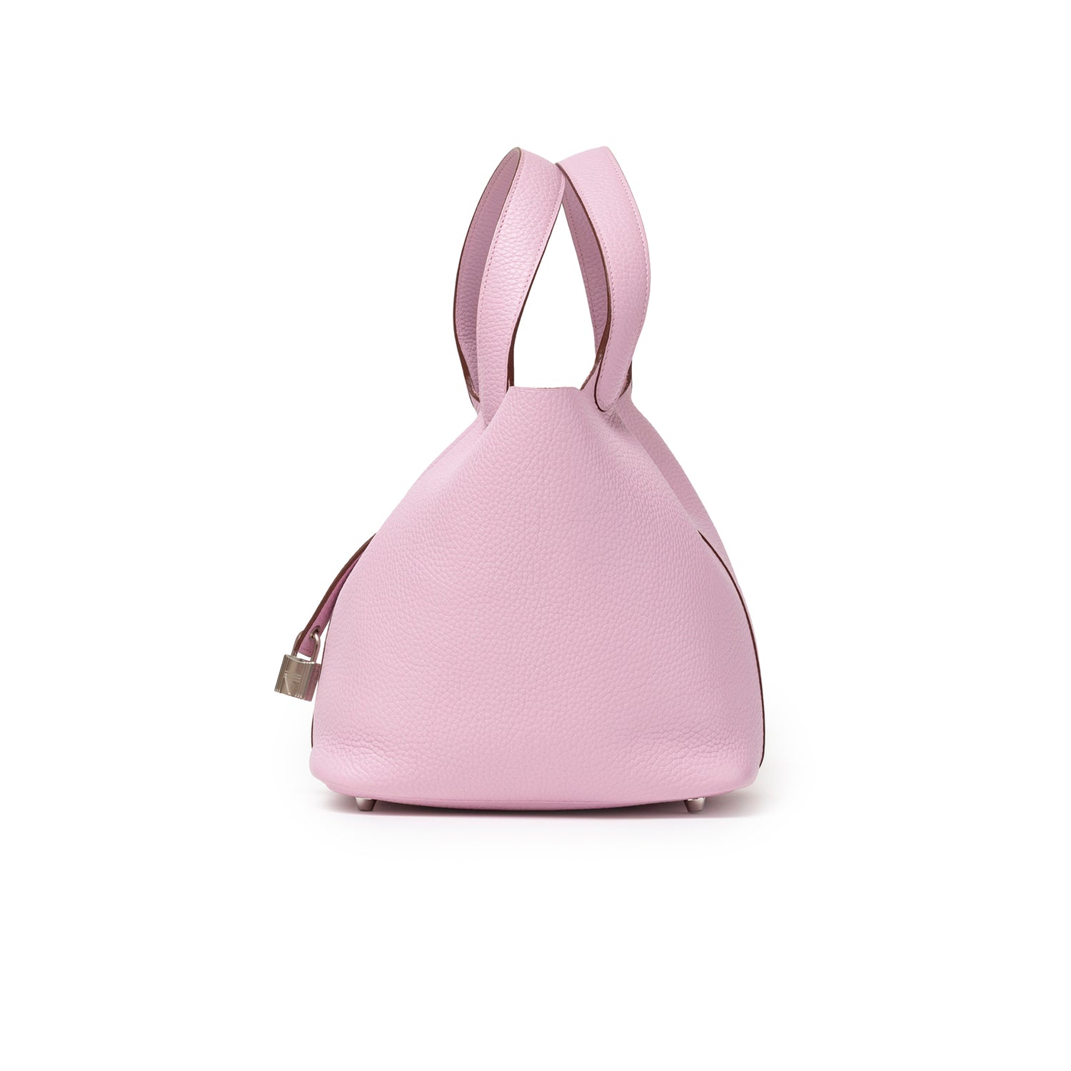Side view of Hermès Picotin 22 Mauve Sylvestre Clemence Palladium Hardware showing soft leather texture and handle detail