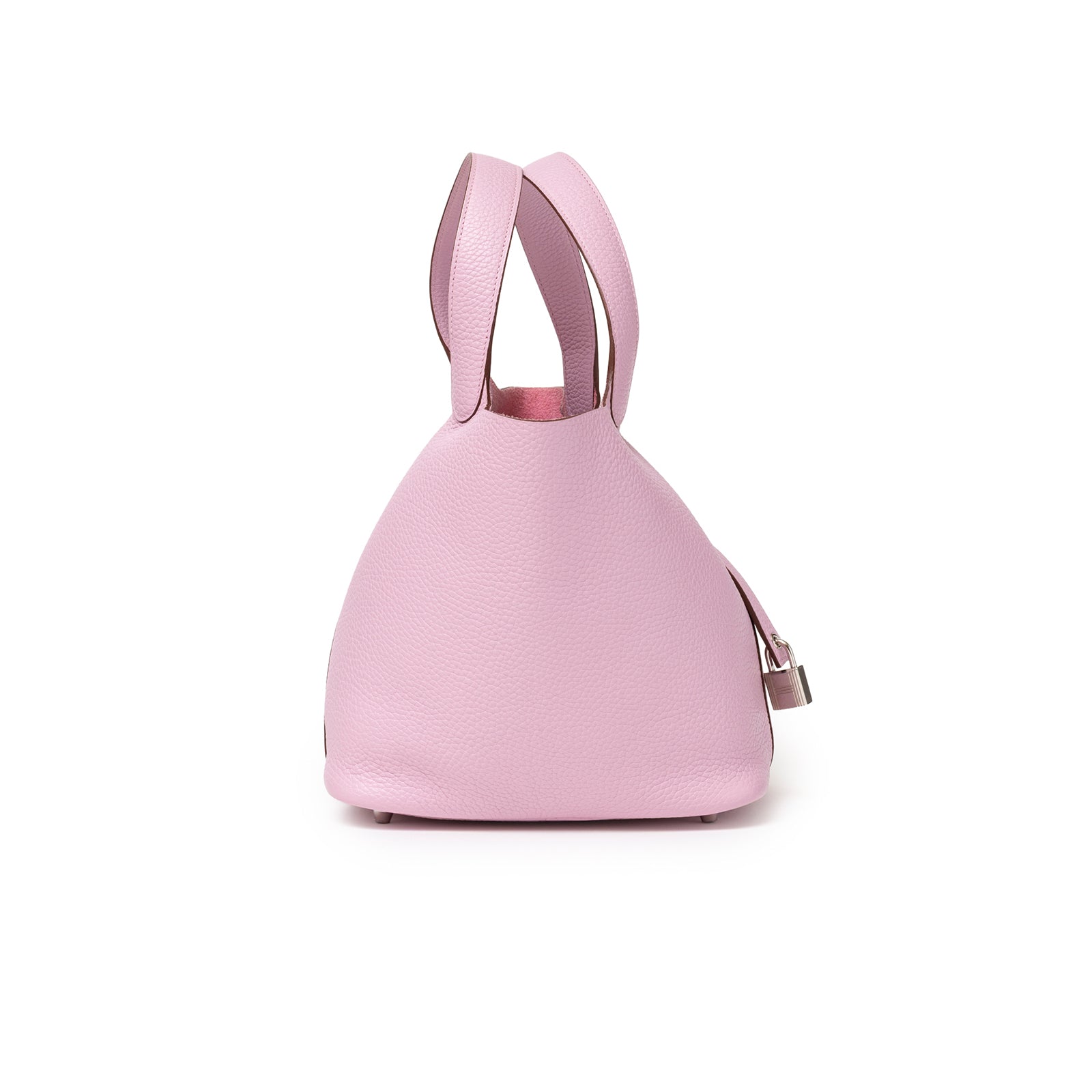 Side profile of Hermès Picotin 22 Mauve Sylvestre Clemence Palladium Hardware showing textured leather and handles