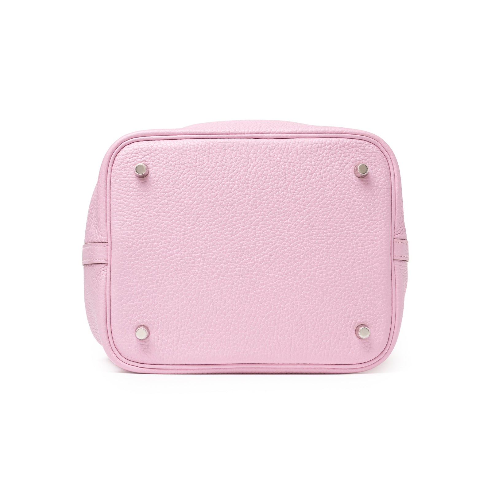 Bottom view of Hermès Picotin 22 Mauve Sylvestre Clemence Palladium Hardware showing textured leather and feet detail