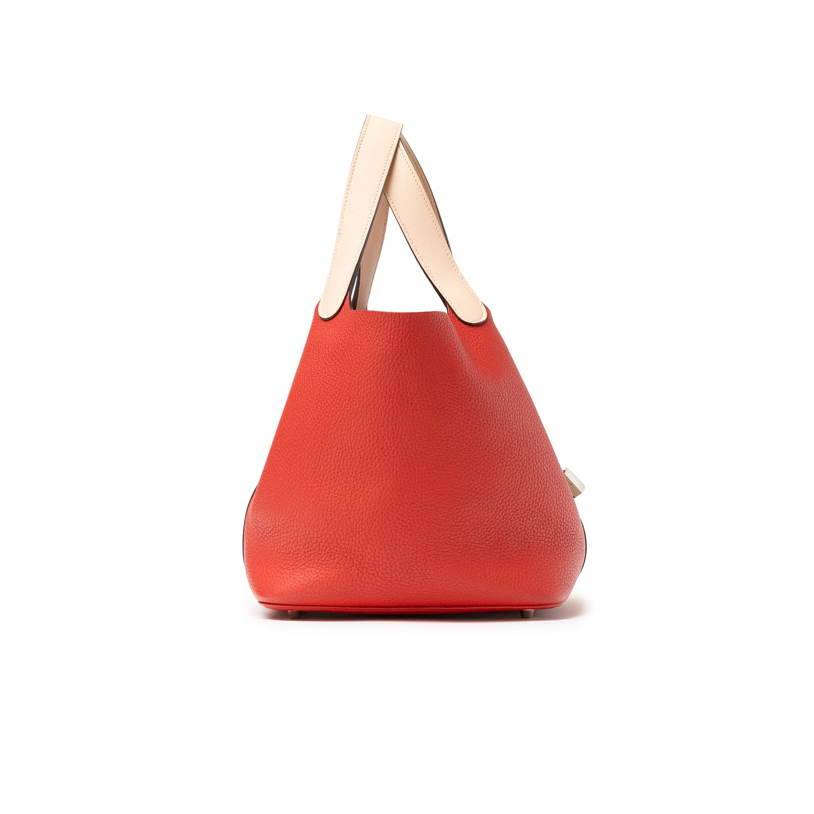 Hermès Picotin 22 Rouge Tomate Rose Elegante Clemence Palladium Hardware side profile with beige handles visible