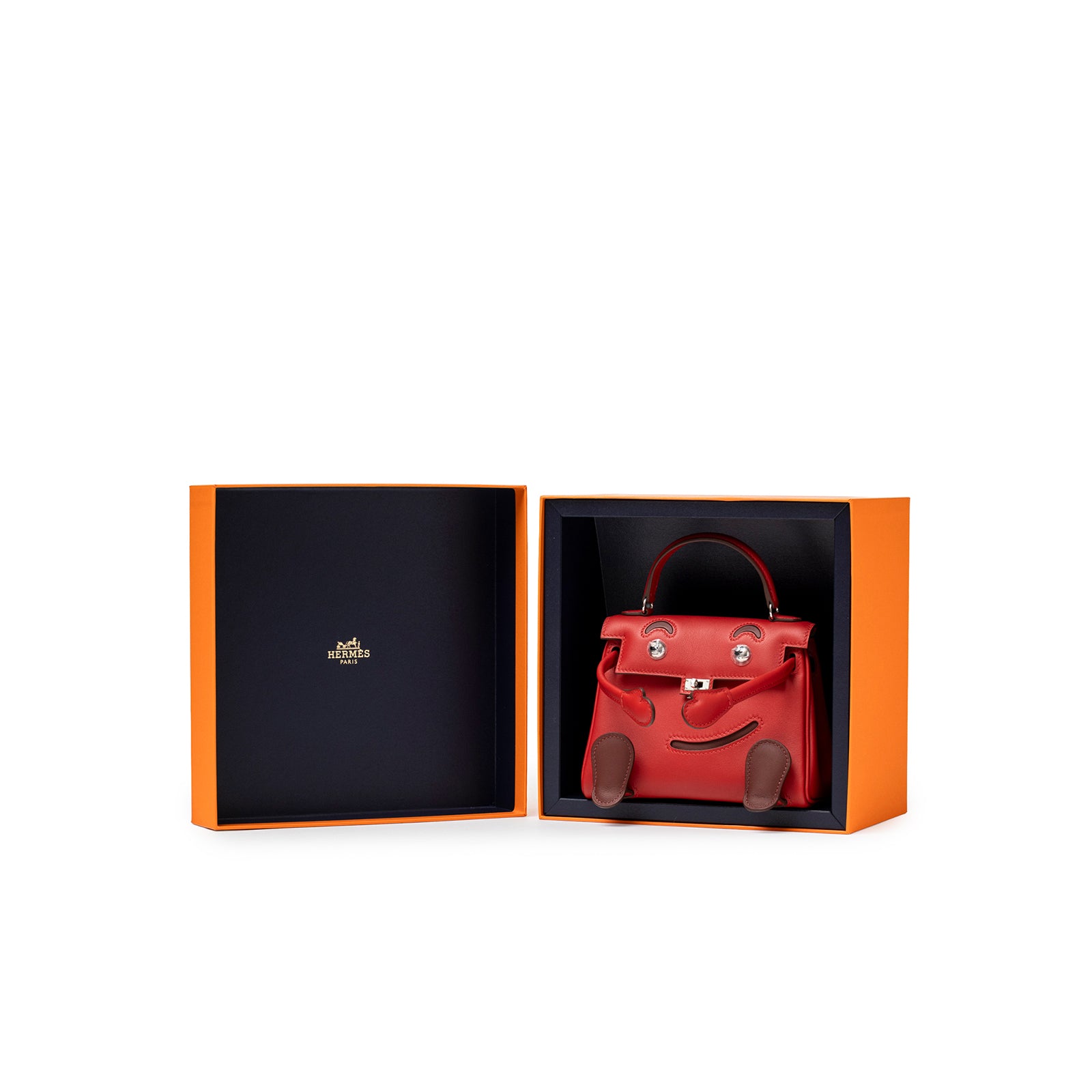 Hermès Quelle Idolle Kelly Doll Rouge Radieux Rouge H Swift Palladium Hardware in orange box view front angle