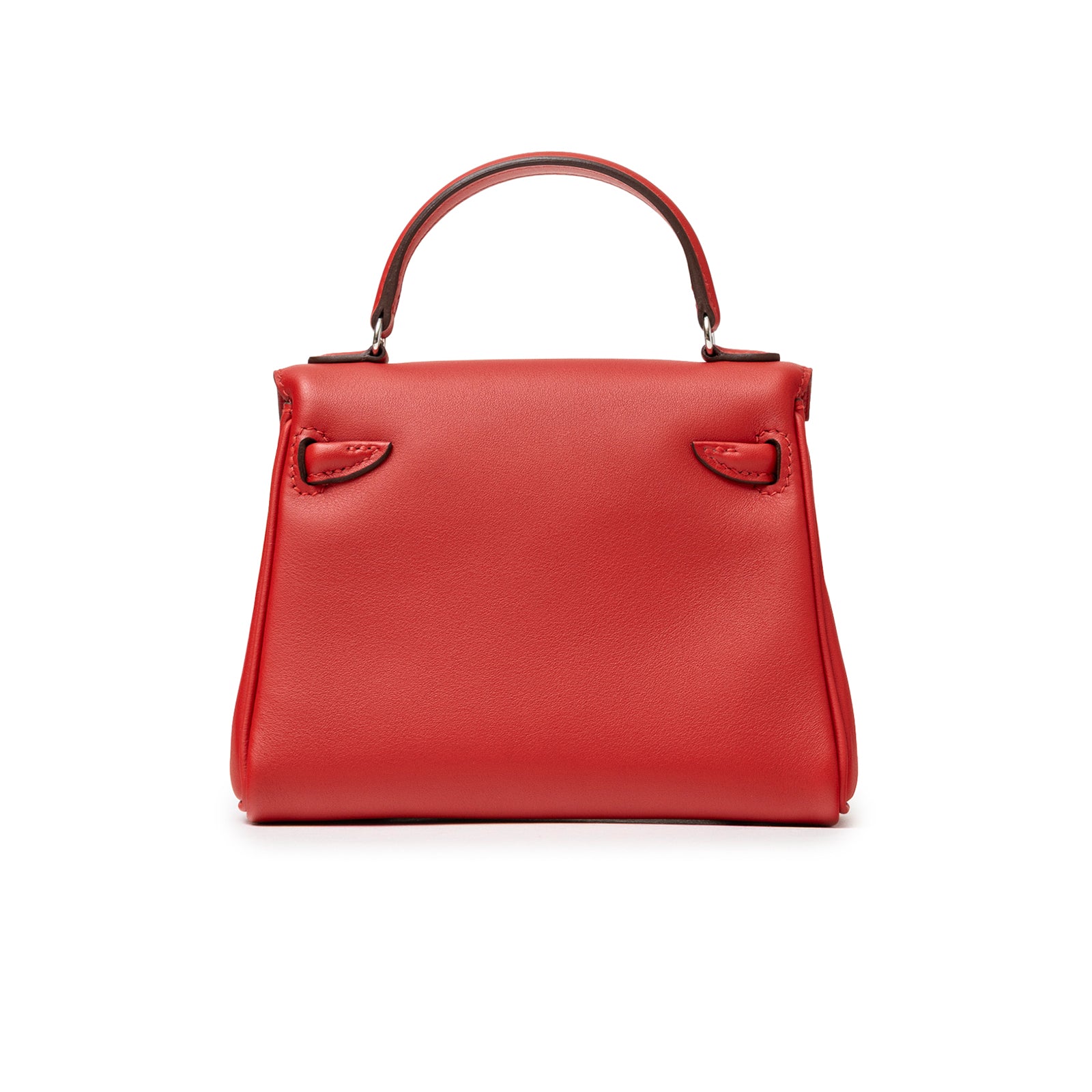Back view of Hermès Quelle Idolle Kelly Doll Rouge Radieux Rouge H Swift Palladium Hardware handbag in vibrant red leather