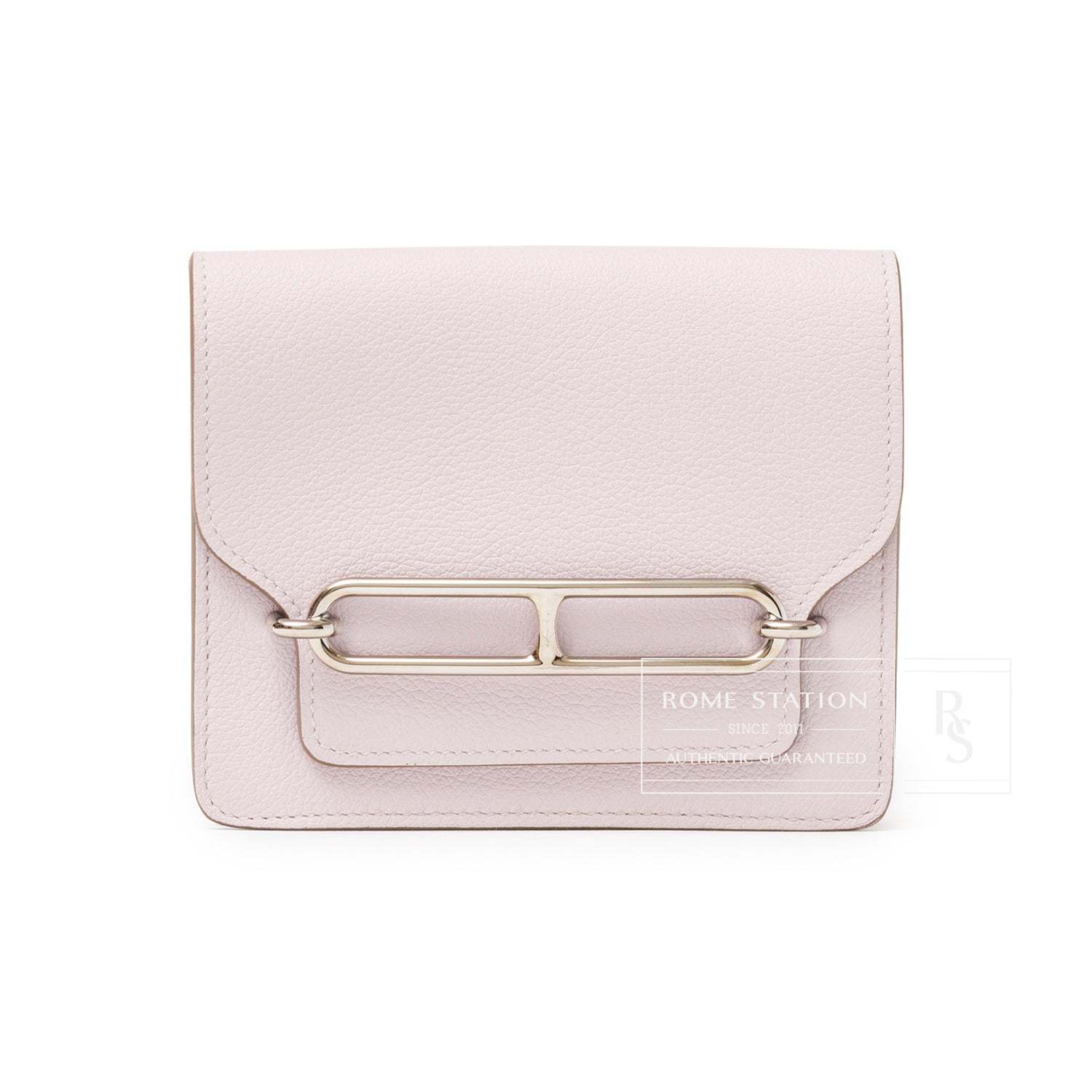 Front view of Hermès Roulis Slim Wallet Mauve Pale Evercolor Palladium Hardware showing pale mauve leather and palladium clasp detail