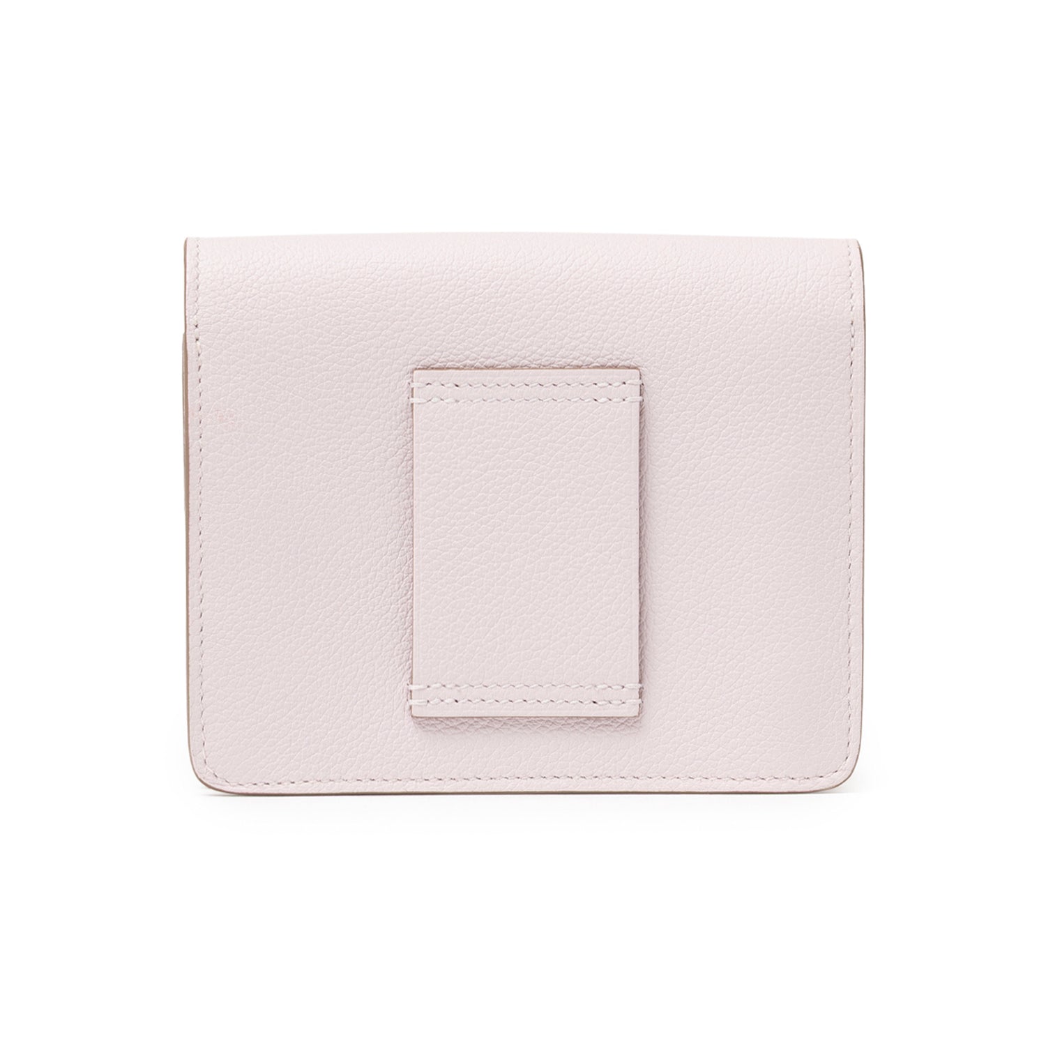 Back view of Hermès Roulis Slim Wallet Mauve Pale Evercolor Palladium Hardware with leather strap detail