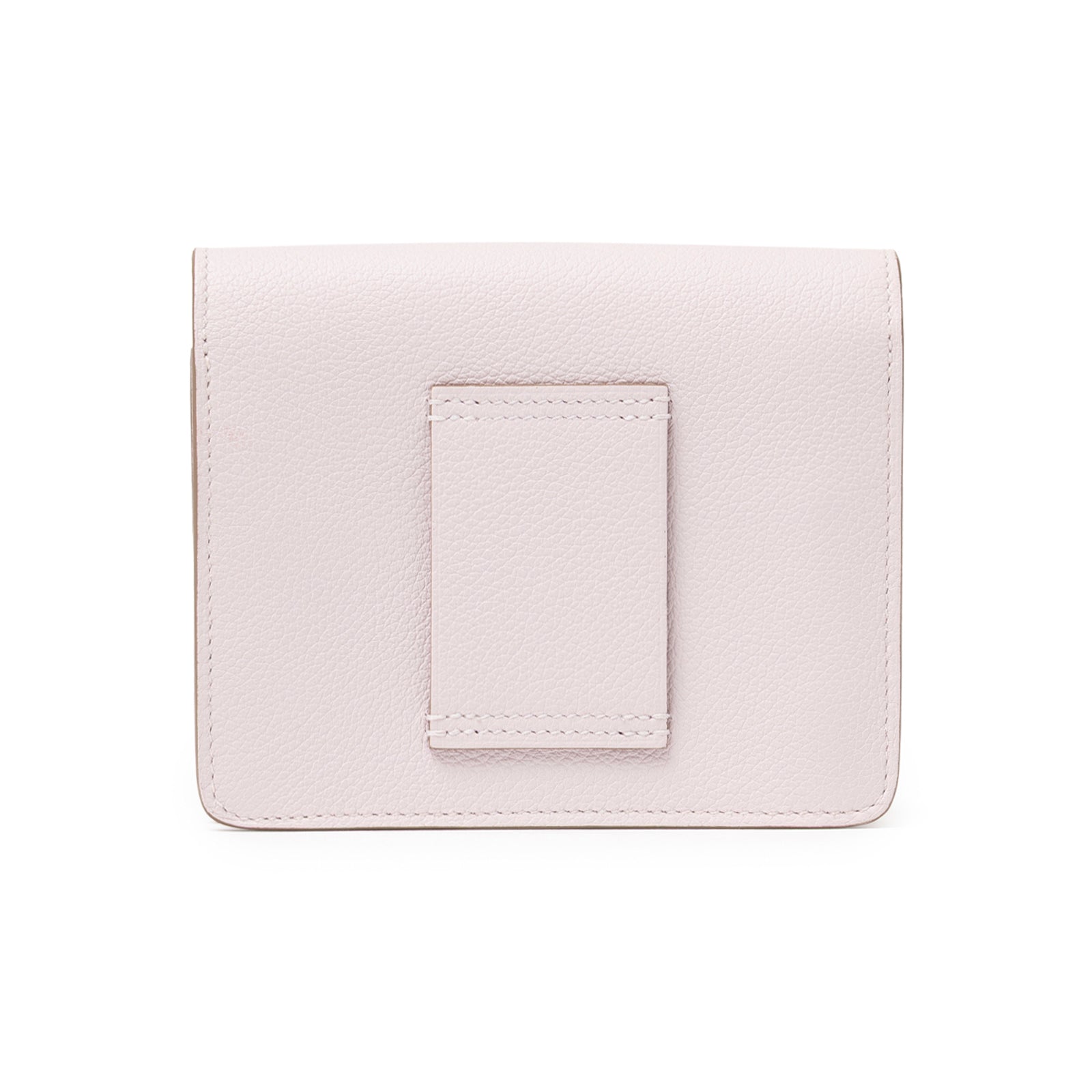 Back view of Hermès Roulis Slim Wallet Mauve Pale Evercolor Palladium Hardware with leather strap detail