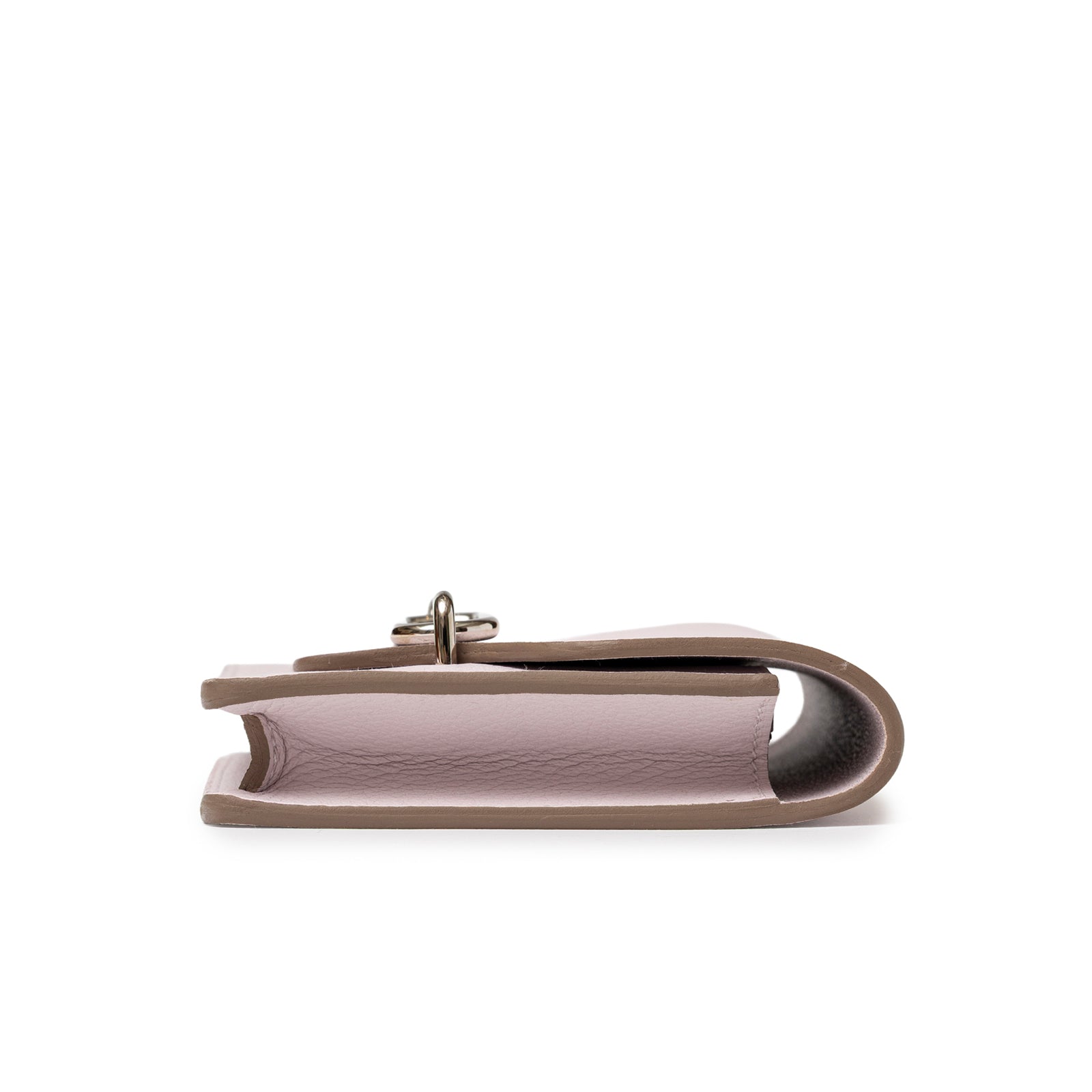 Side view of Hermès Roulis Slim Wallet Mauve Pale Evercolor Palladium Hardware showing folded profile and leather texture
