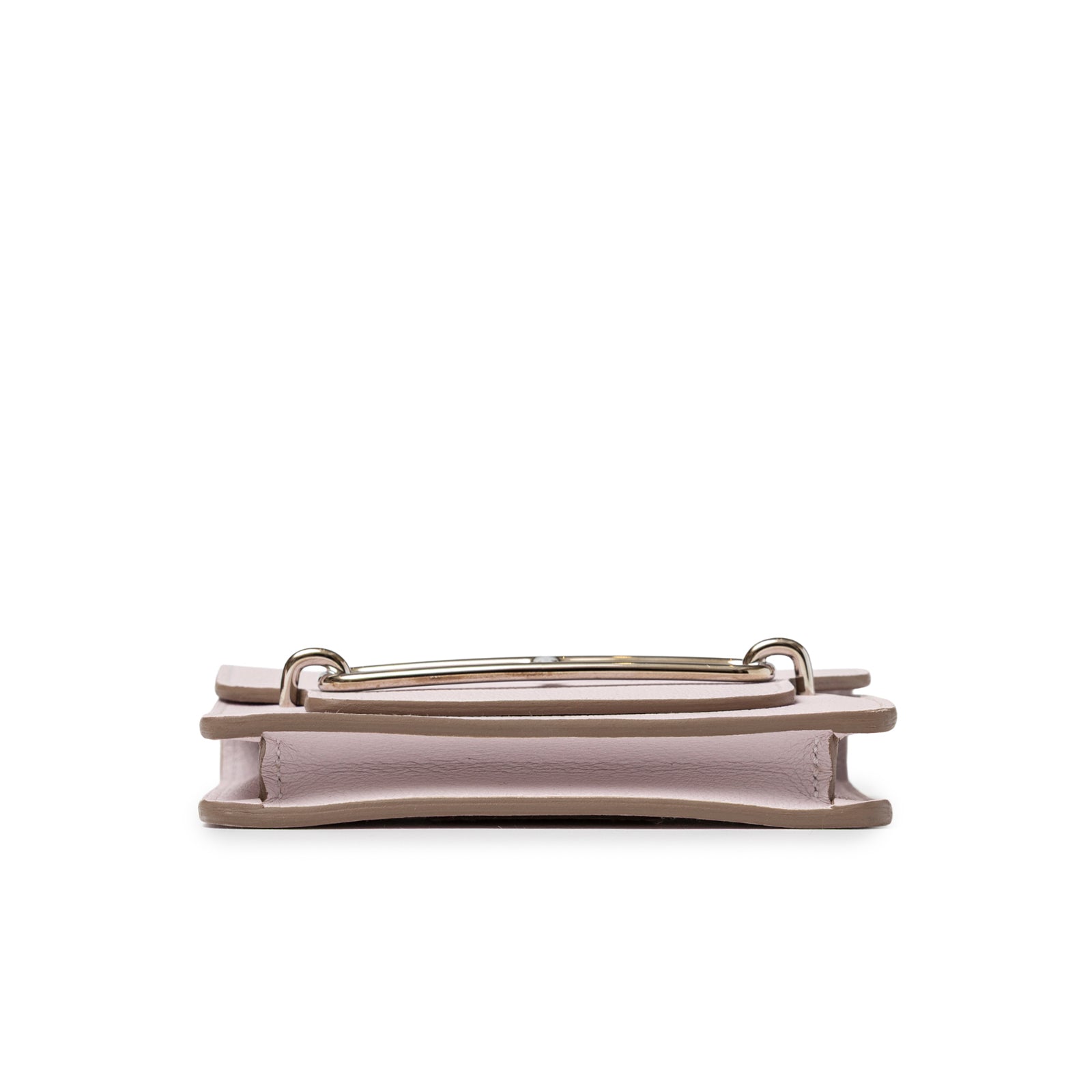 Low profile side view of Hermès Roulis Slim Wallet Mauve Pale Evercolor Palladium Hardware showing slim design and smooth leather edges