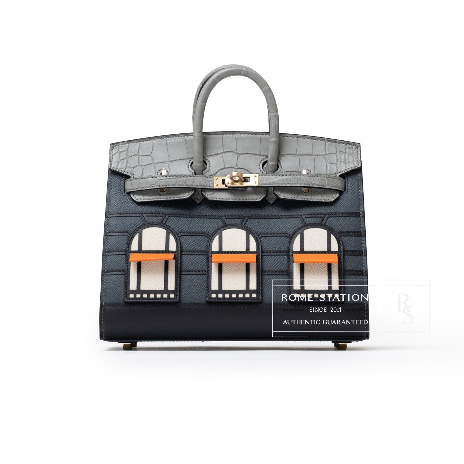 Front view of Hermès Sac Faubourg Birkin 20 "Rainy Days" Gris Misty Matte Alligator Permabrass Hardware showing unique window design