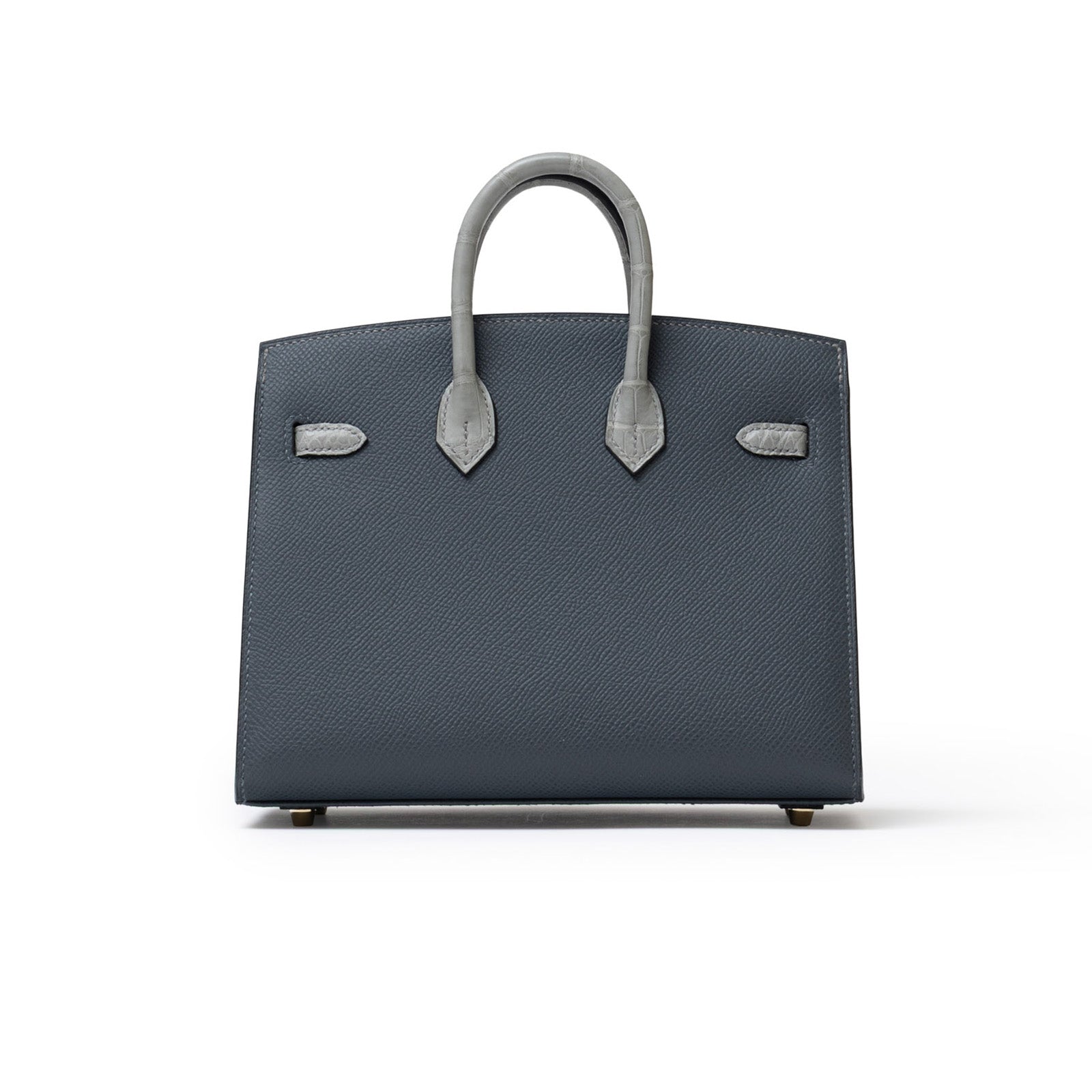 Front view of Hermès Sac Faubourg Birkin 20 "Rainy Days" Gris Misty Matte Alligator Permabrass Hardware handbag