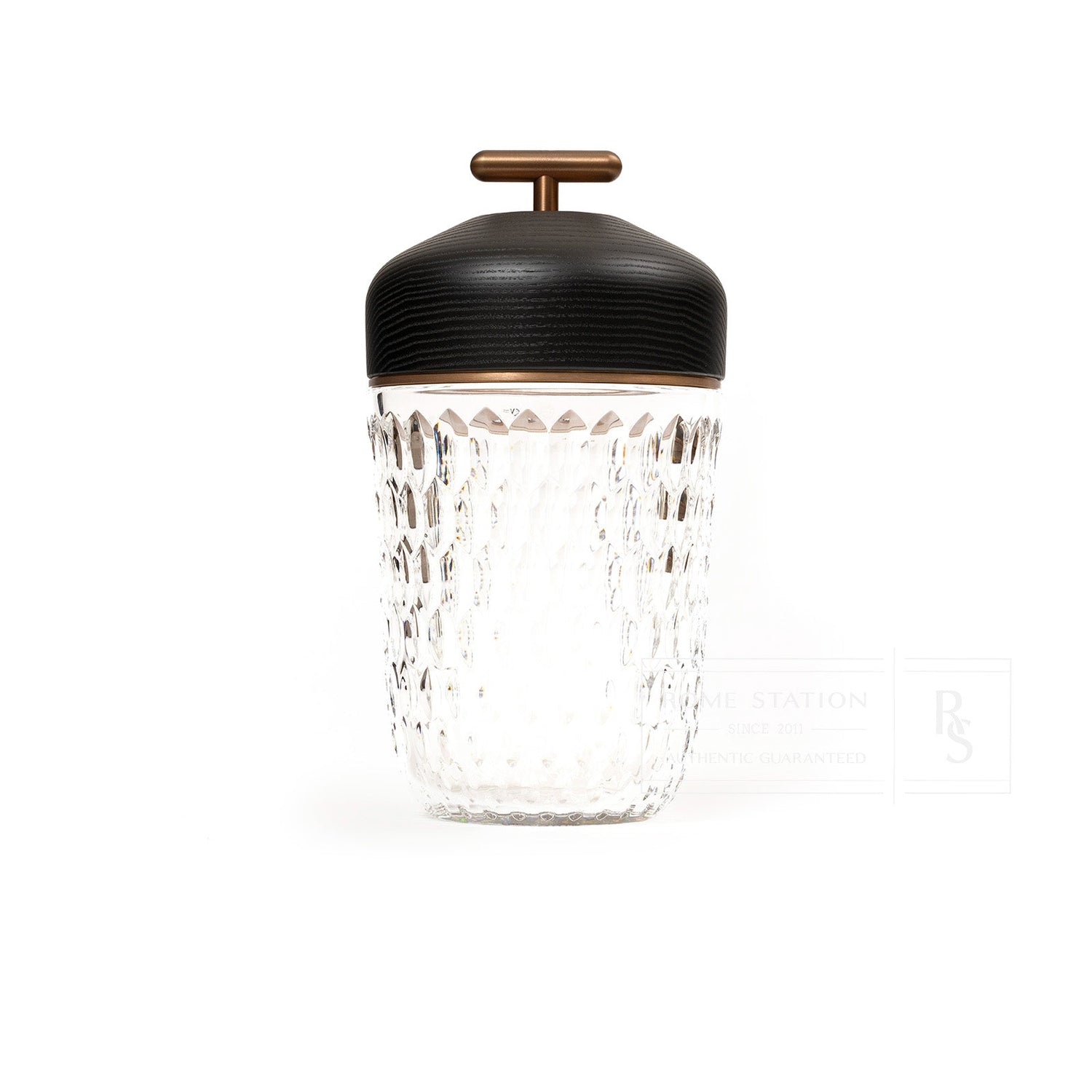 Front view of Hermès Saint Louis Folia Baladeuse Light Clair Clear/ Dark Wood with clear textured glass and dark wooden lid.