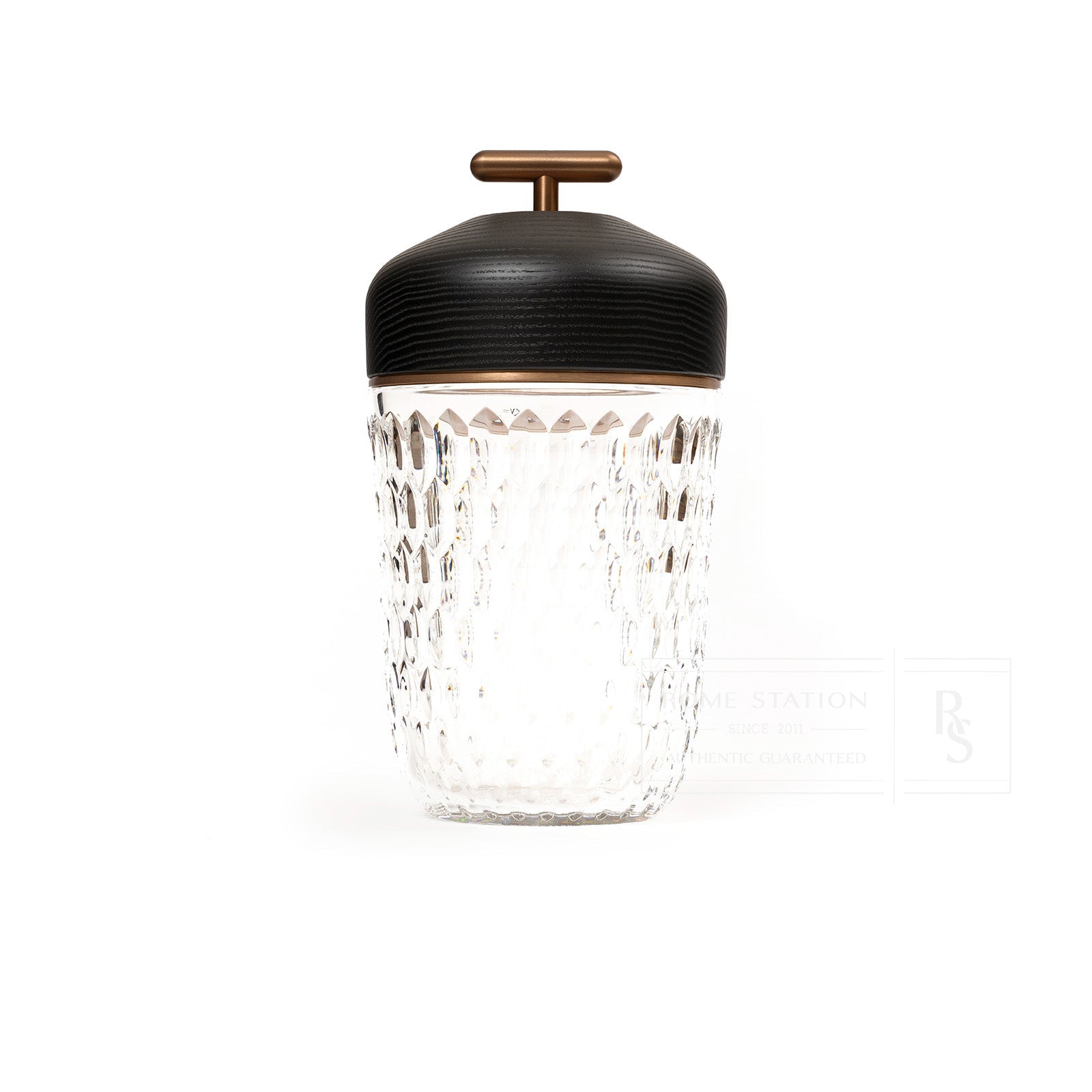 Front view of Hermès Saint Louis Folia Baladeuse Light Clair Clear/ Dark Wood with clear textured glass and dark wooden lid.