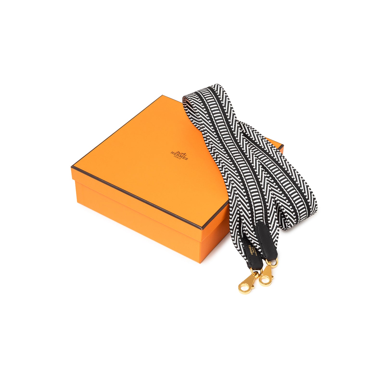 Hermès Sangle Cavale 50 mm Bag Strap Black & White with gold clasps with Hermès orange box