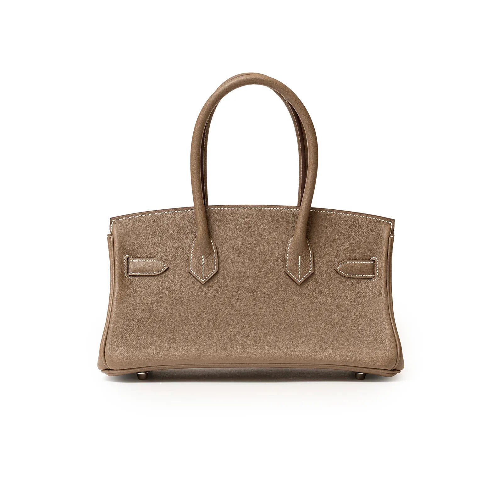 Back view of Hermès Birkin 29 in Etoupe Evercolor leather showing polished palladium hardware and smooth texture