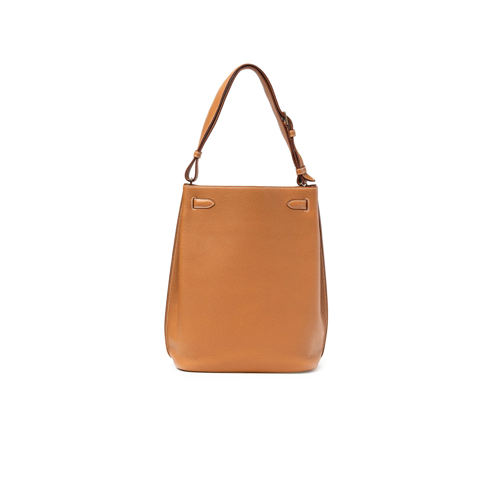 Back view of Hermès So Kelly 26 Gold Togo Gold Palladium Hardware in smooth leather with top handle strap