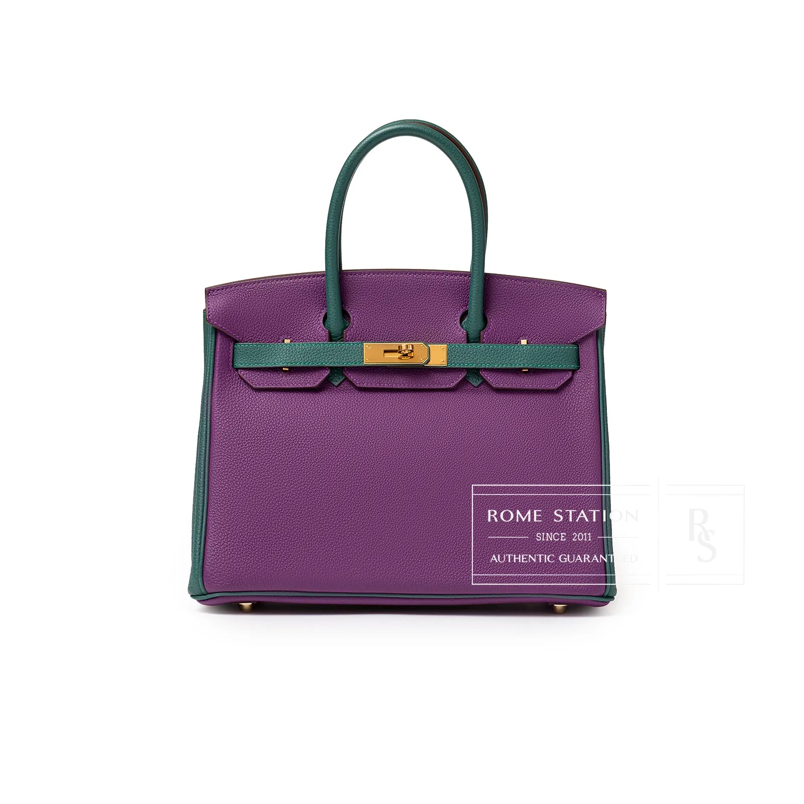 Front view of Hermès Horseshoe Birkin 30 Anemone and Malachite Togo leather with gold hardware