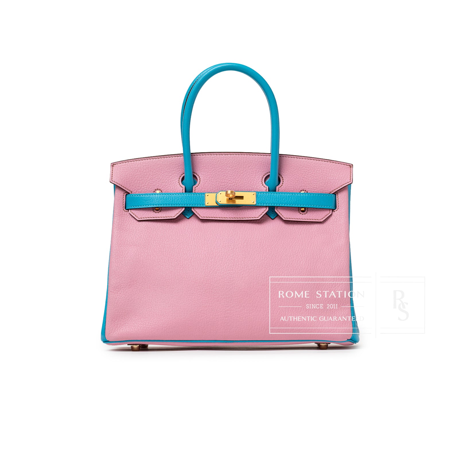 Front view of Hermès Special Order HSS Horseshoe Birkin 30 Bubble Gum Pink Celeste Chevre Mysore Brushed Gold Hardware handbag