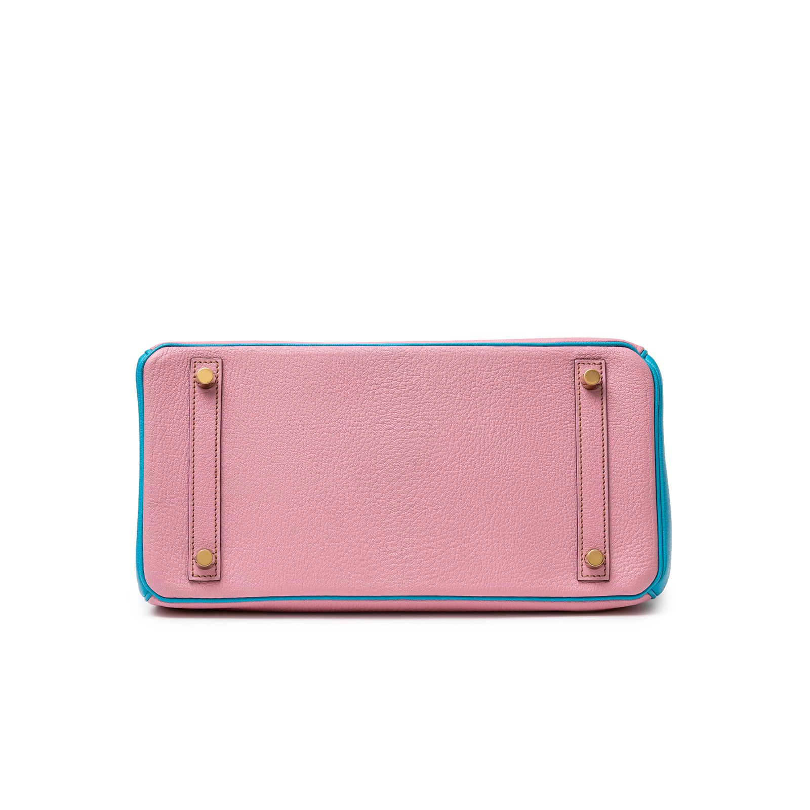 Bottom view of Hermès Special Order HSS Horseshoe Birkin 30 Bubble Gum Pink Celeste Chevre Mysore Brushed Gold Hardware