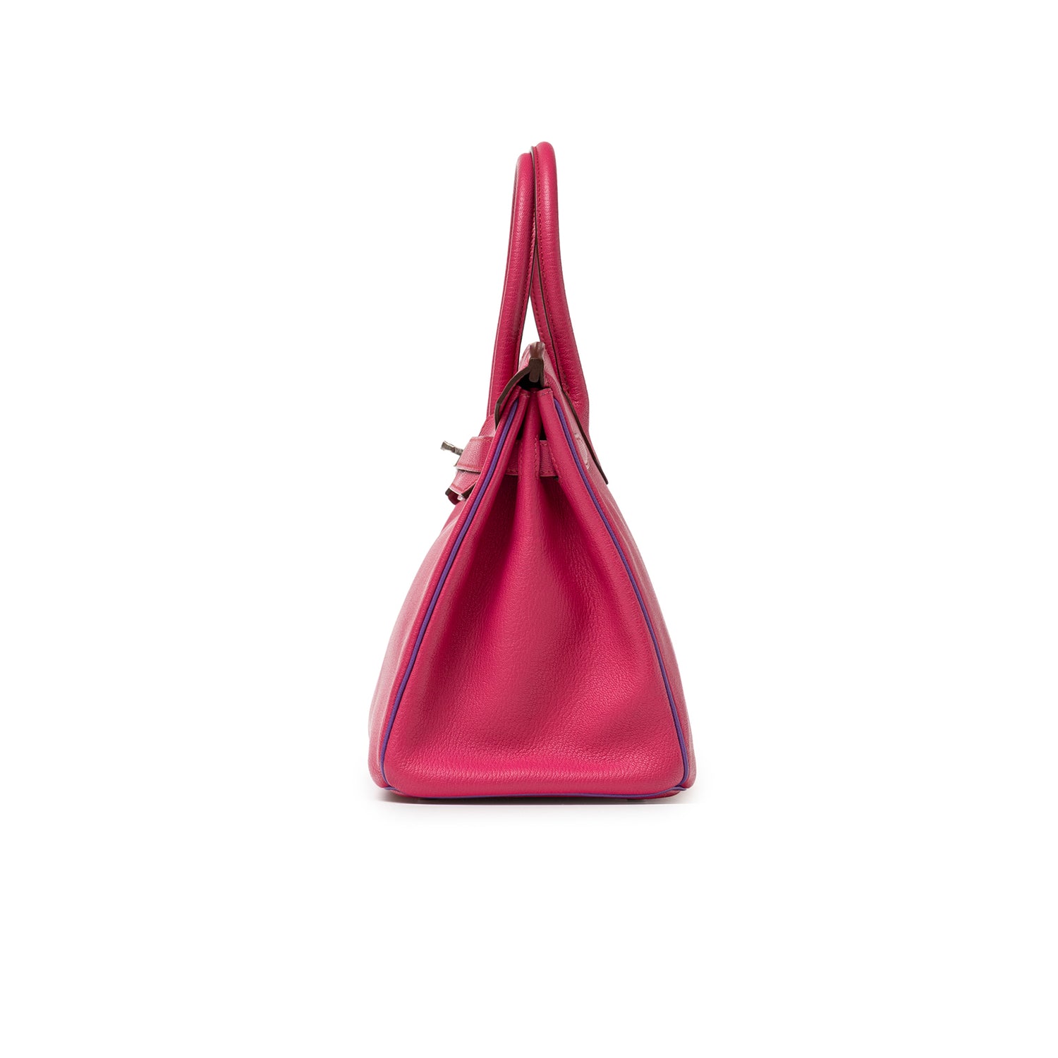 Side view of Hermès Special Order HSS Horseshoe Birkin 30 Rose Shocking Parme Chevre Mysore Palladium Hardware handbag