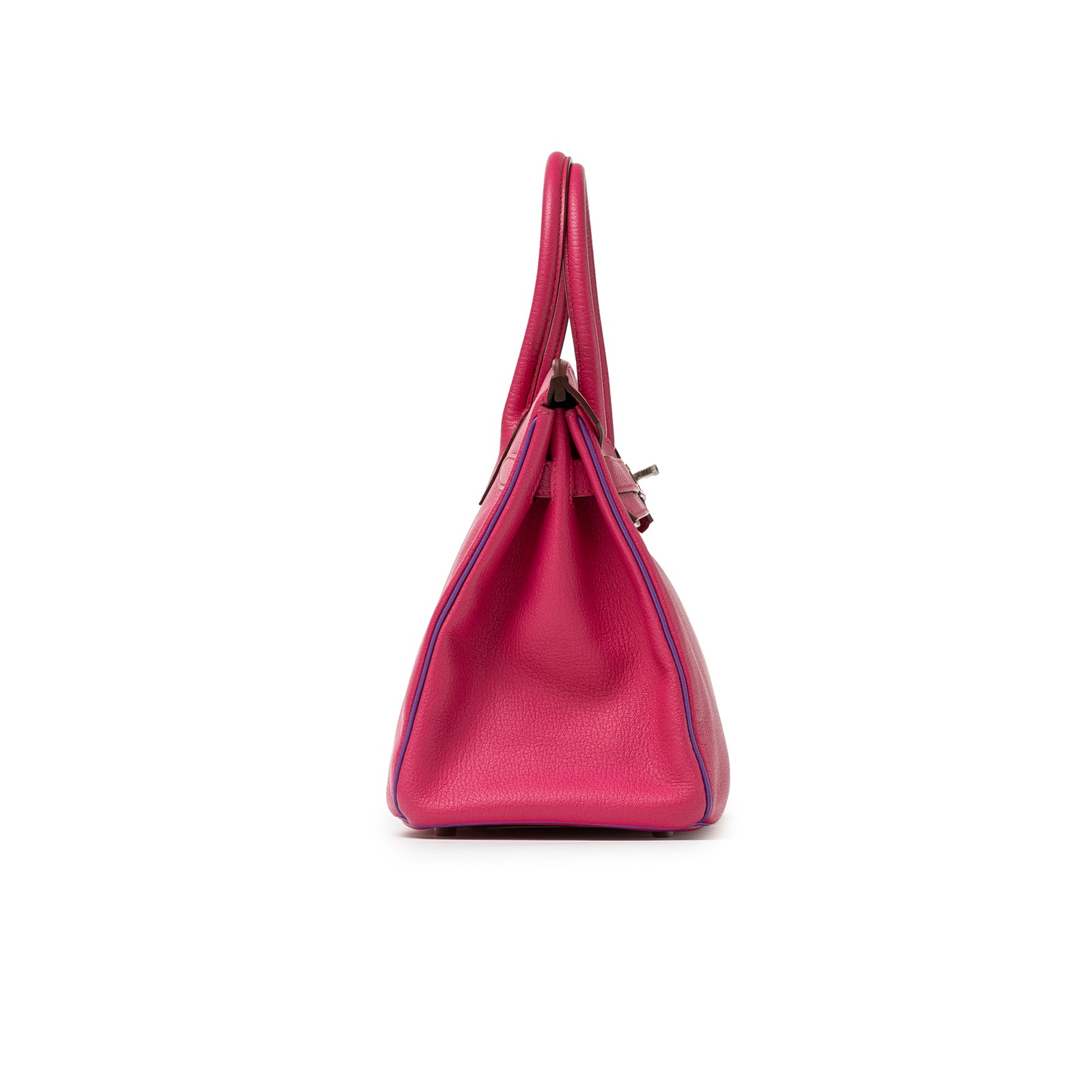 Side view of Hermès Special Order HSS Horseshoe Birkin 30 Rose Shocking Parme Chevre Mysore Palladium Hardware handbag.