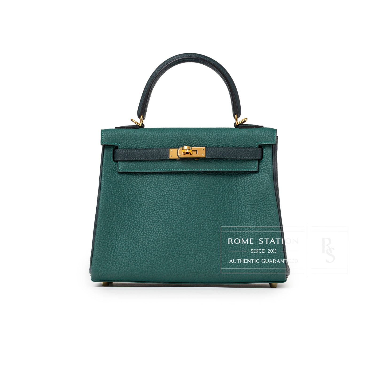 Front view of Hermès Special Order HSS Horseshoe Kelly 25 Malachite Vert Togo Gold Hardware handbag
