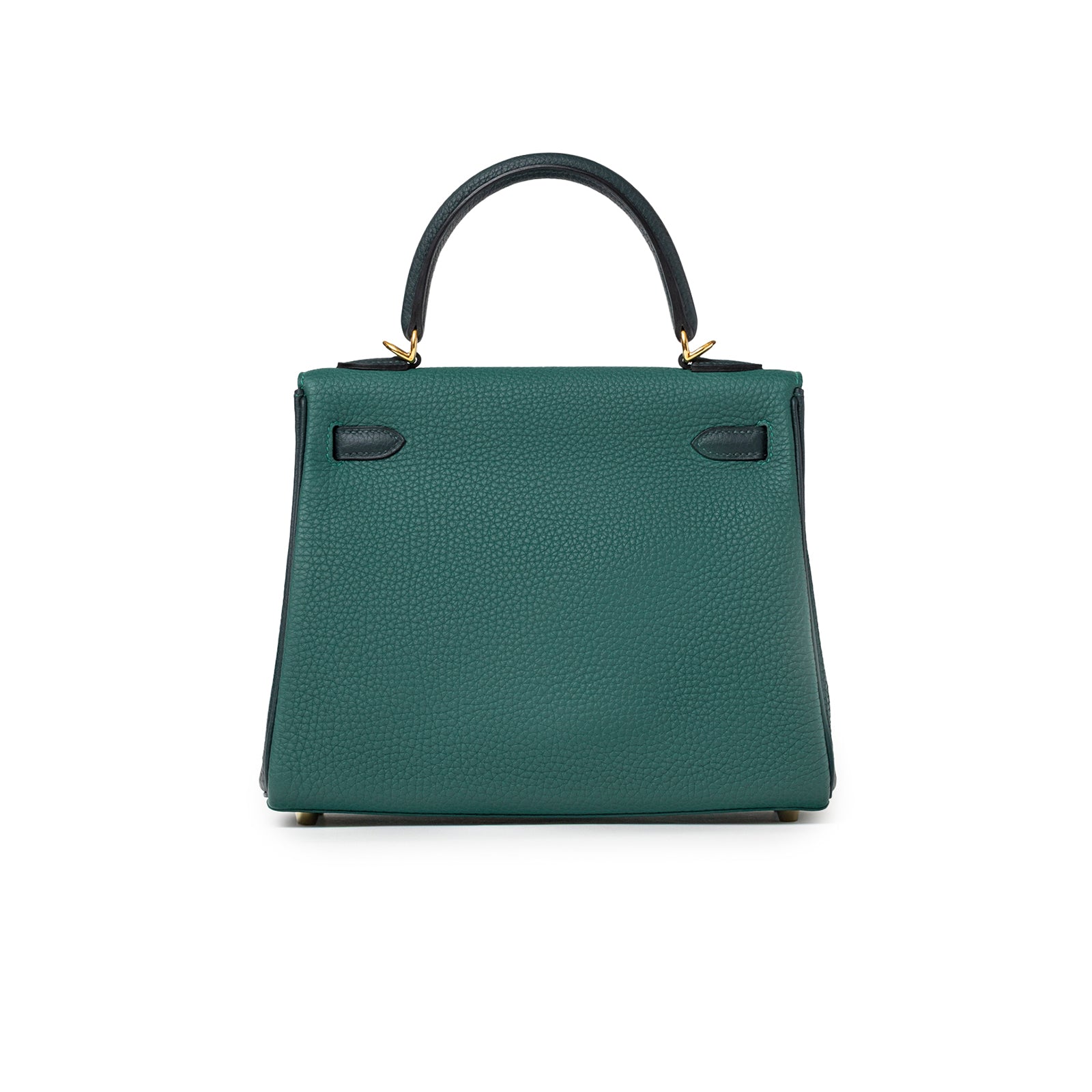 Back view of Hermès Special Order HSS Horseshoe Kelly 25 Malachite Vert Togo Gold Hardware handbag showing pebbled leather texture and handle