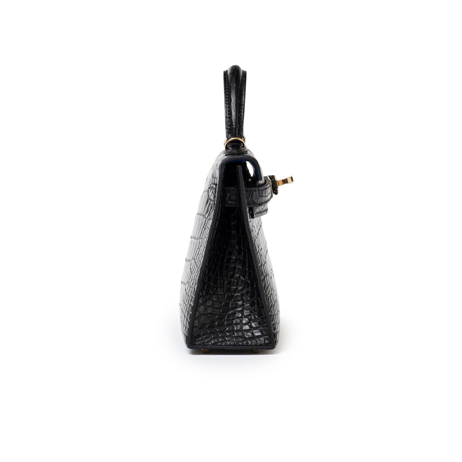 Side view of Hermès Special Order HSS Horseshoe Mini Kelly II Black Blue Matte Alligator Permabrass Hardware