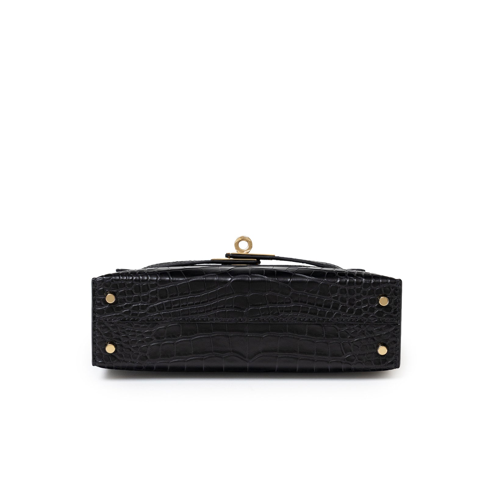 Bottom view of Hermès Special Order HSS Horseshoe Mini Kelly II Black Blue Matte Alligator Permabrass Hardware showing structured base and hardware feet