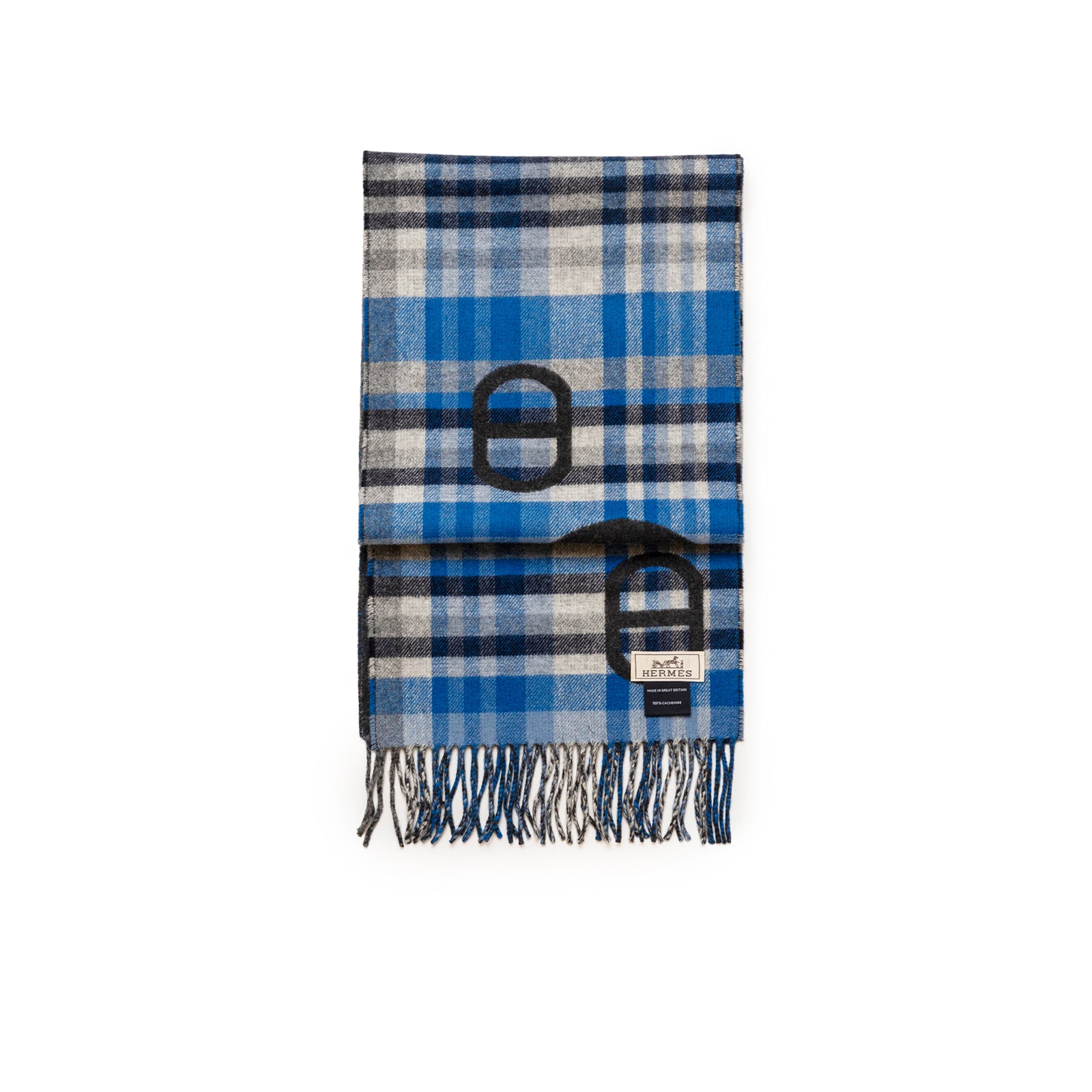 Hermès Tartan Maillons Muffler Cashmere Scarf Anthracite Blue with classic plaid pattern and fringed edges, folded neatly