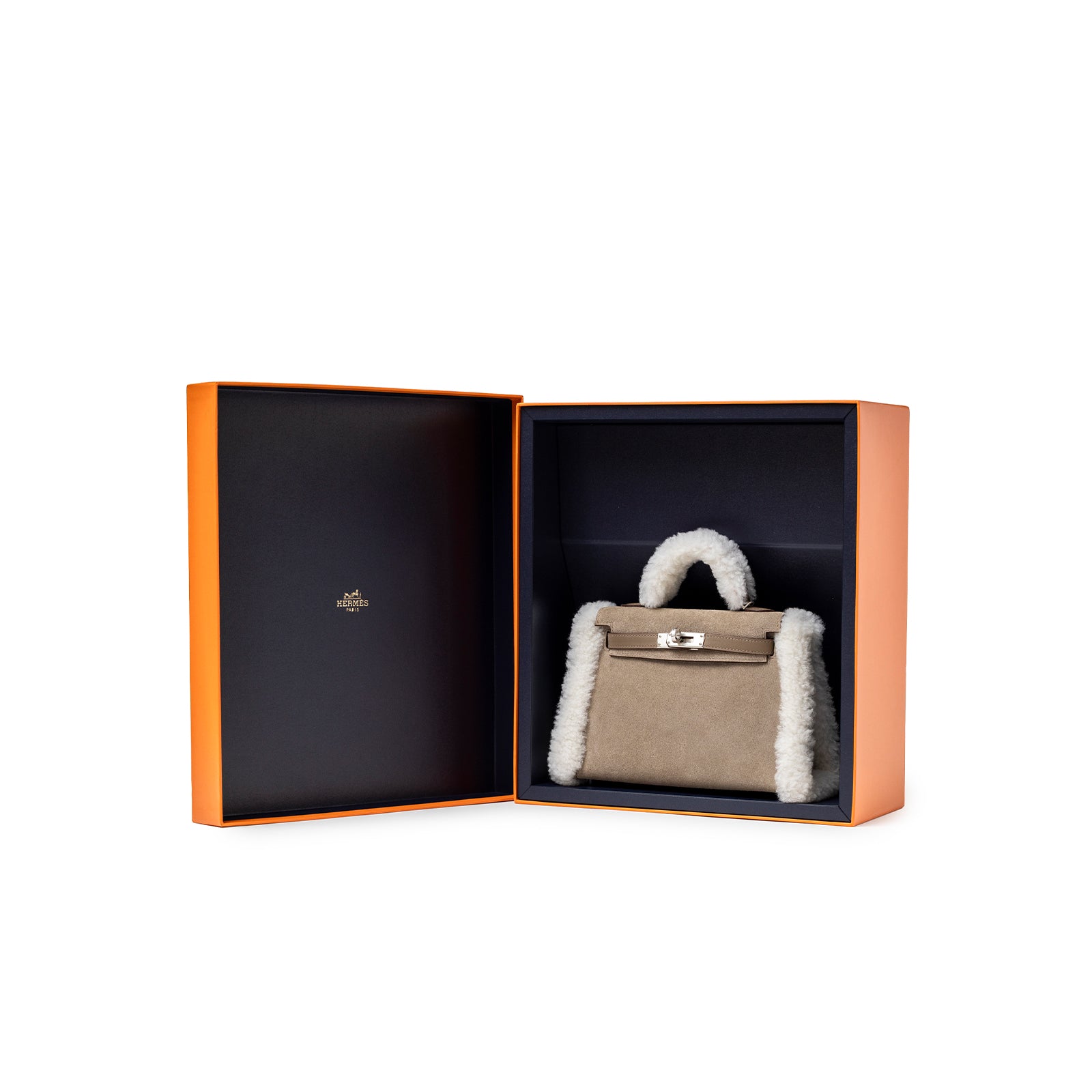Hermès Teddy Mini Kelly II Gris Caillou Etoupe Grizzly Swift Palladium Hardware in box front view with shearling trim