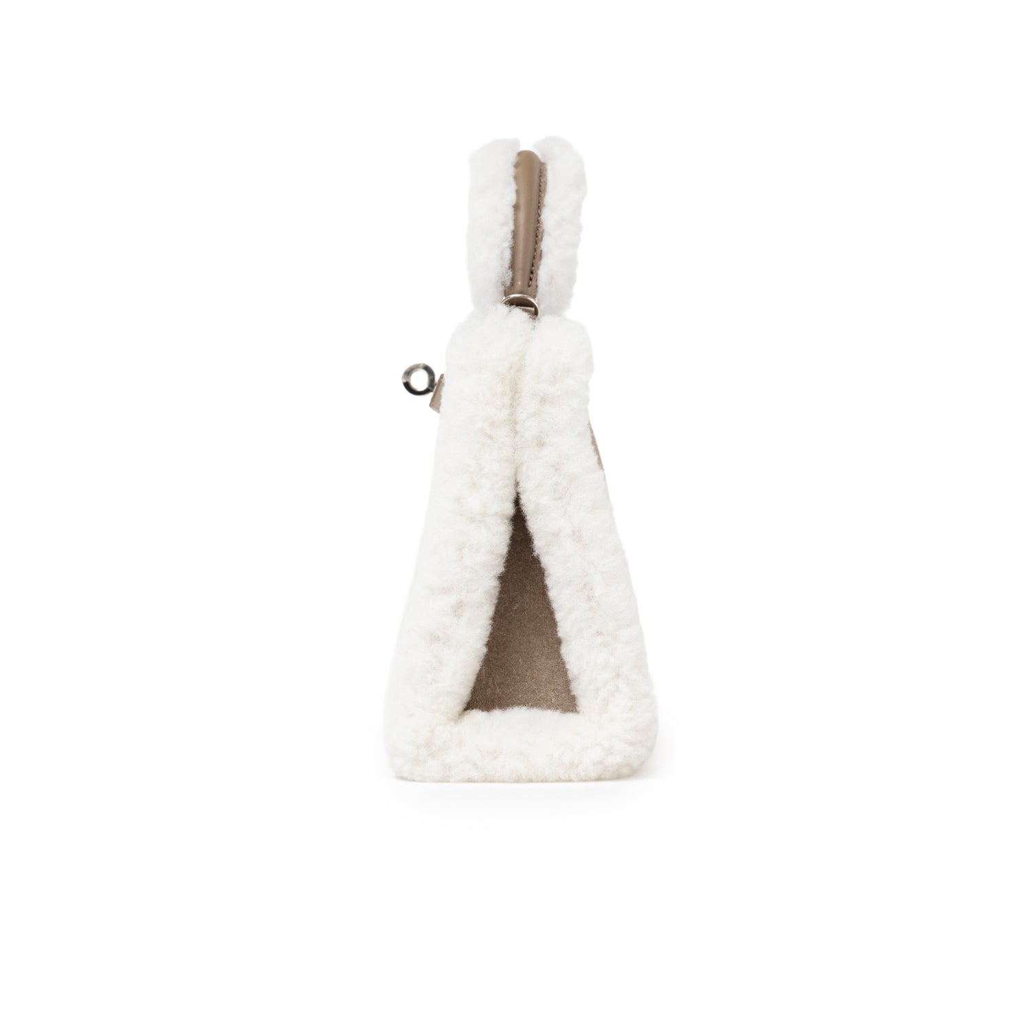 Side view of Hermès Teddy Mini Kelly II Gris Caillou Etoupe Grizzly Swift Palladium Hardware showing plush texture and slim profile.