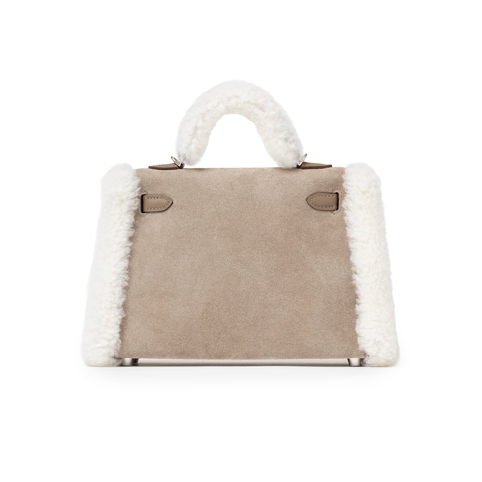 Back view of Hermès Teddy Mini Kelly II Gris Caillou Etoupe Grizzly Swift Palladium Hardware with plush handle and trim