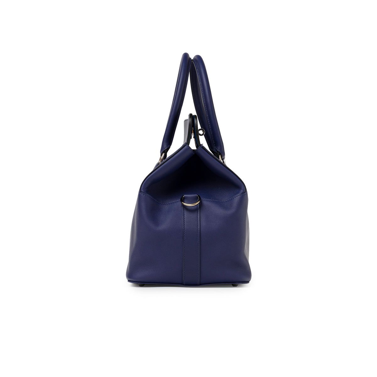 Hermès Tool Box 26 Blue Encre Blue Zellige Swift Palladium Hardware side view with handles and clasp
