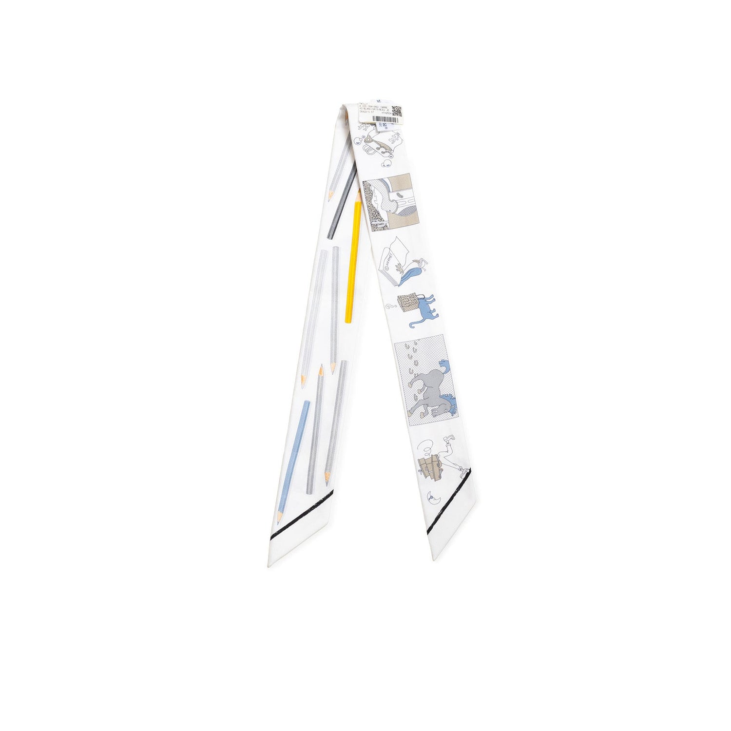 Angled view of Hermès Twilly A Vos Crayons AZ/Blanc/Gris/Blue featuring pencil and sketch motif on white background