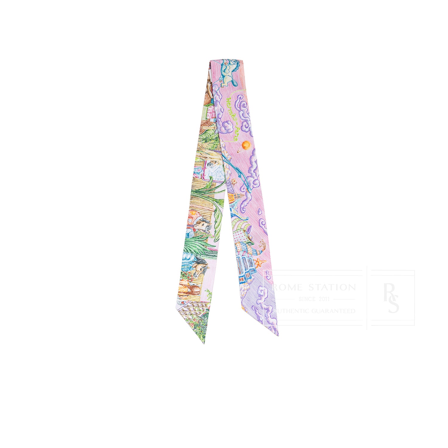 Front view of Hermès Twilly City of Light Rose Violet Multicolor showing detailed map and floral motifs