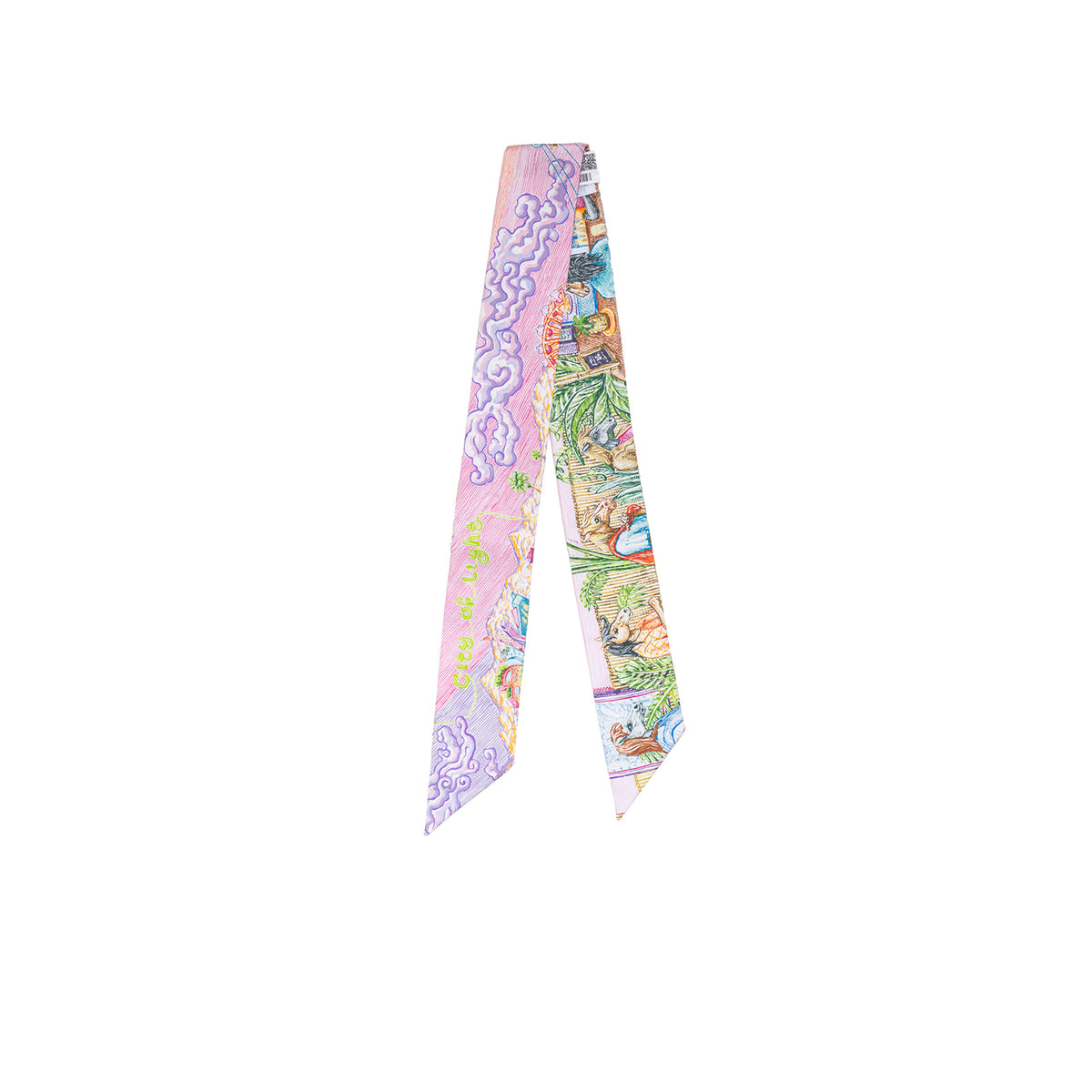 Back view of Hermès Twilly City of Light Rose Violet Multicolor with detailed city map and floral accents