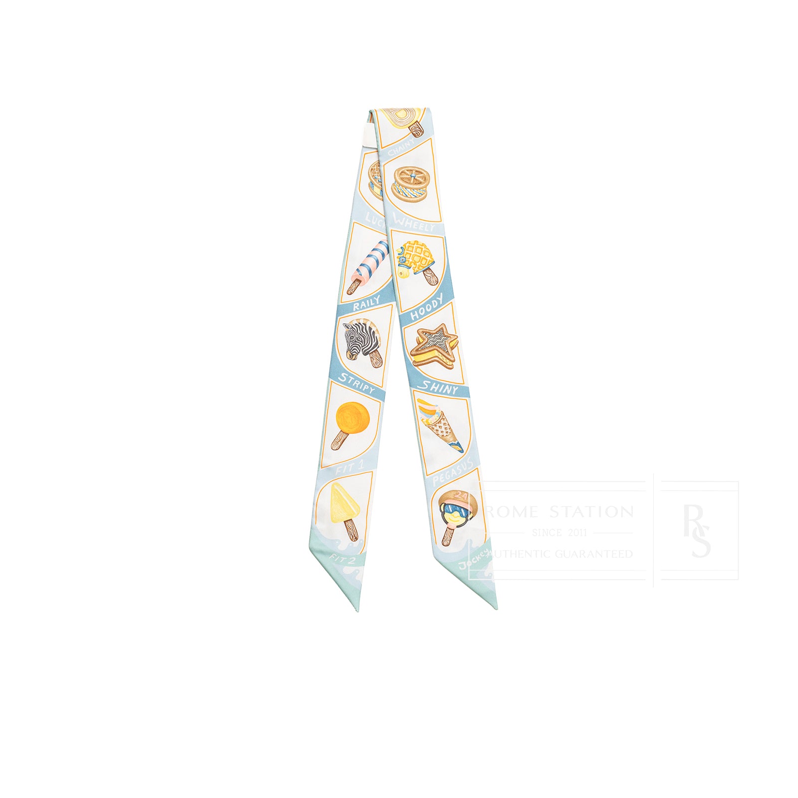 Front view of Hermès Twilly Funny Ice Cream Aqua Orange Jaune with playful ice cream and dessert motifs on aqua background