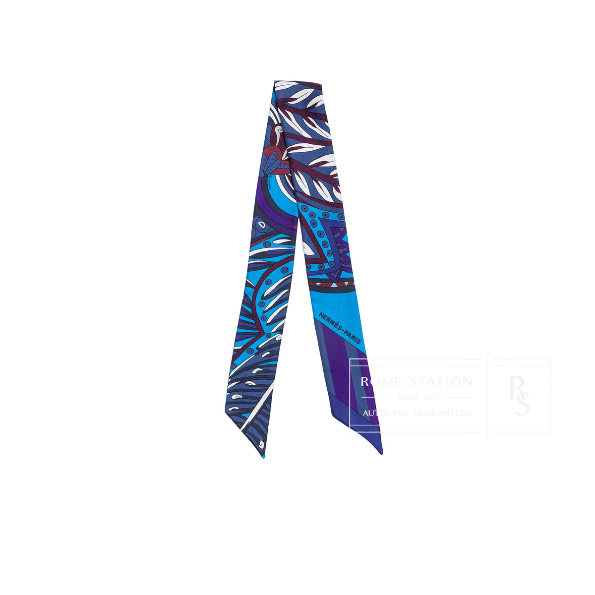 Hermès Twilly Le Jardin de la Maharani Blue Cobalt Burgundy White patterned silk scarf