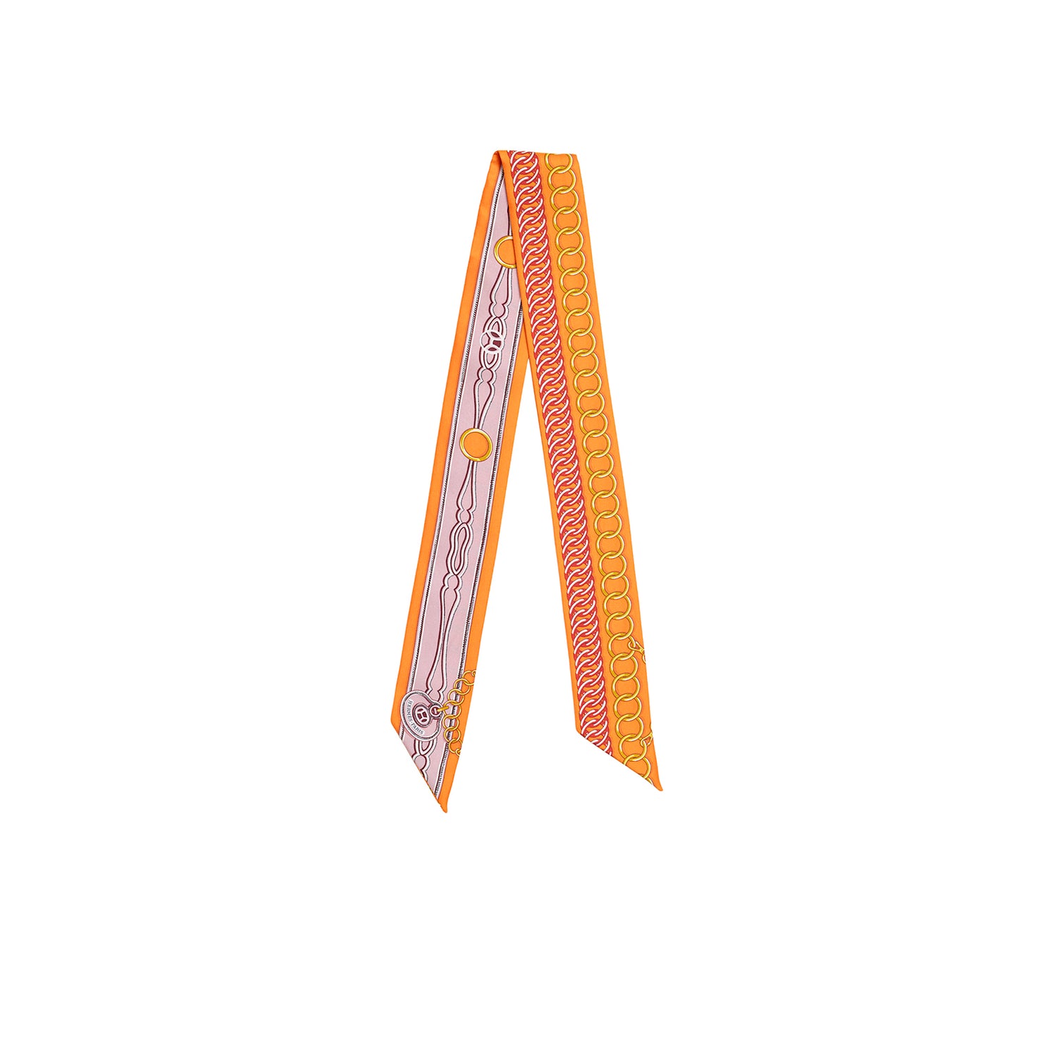 Front view of Hermès Twilly Maillons Orange/Rose/Multi showing vibrant chain link pattern on silk scarf