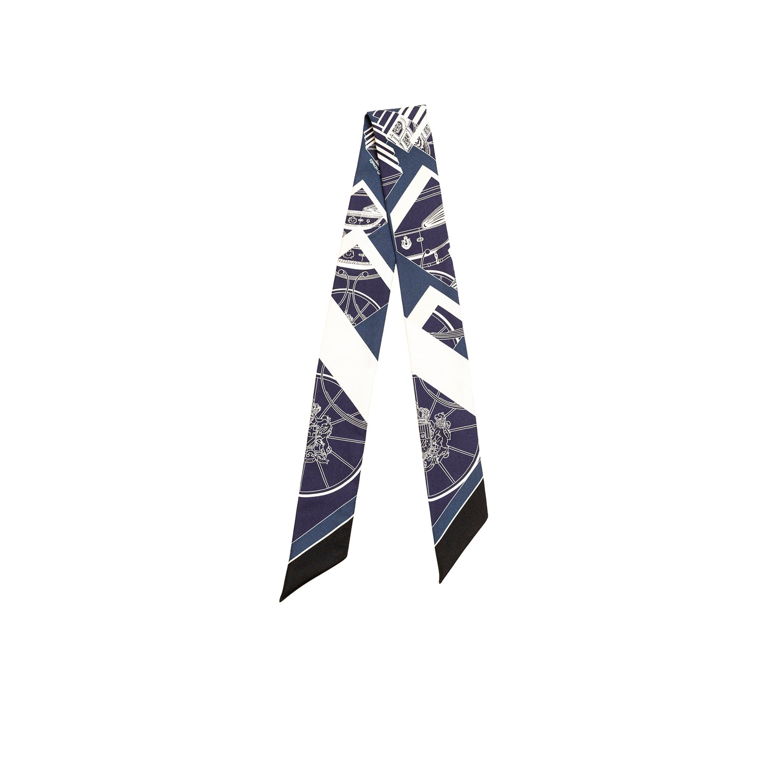 Angled view of Hermès Twilly Springs Springs Marine Cream Petrole silk scarf with geometric navy and cream pattern