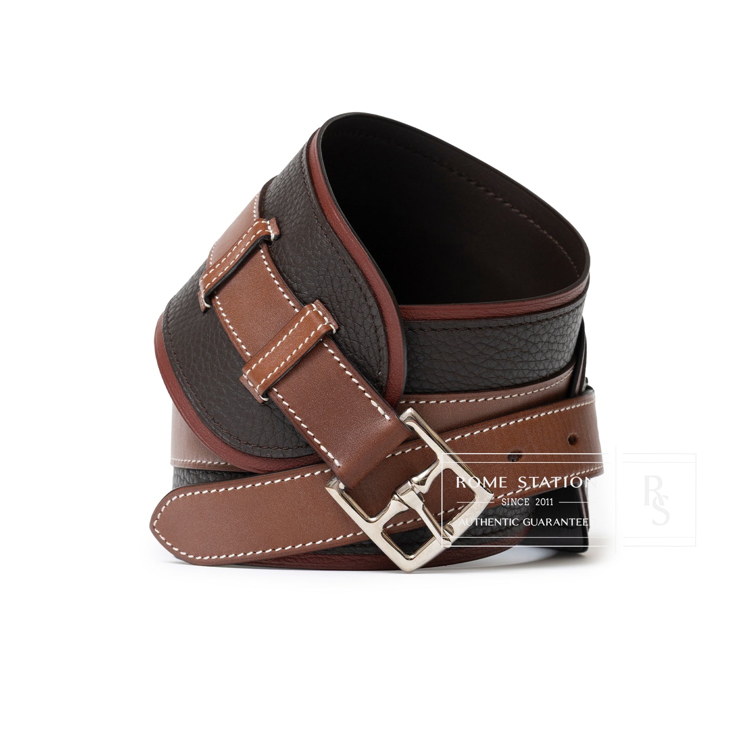 Angled close-up of Hermès Vintage Waist Belt Brown/Rouge/Natural showing textured leather and silver buckle detail