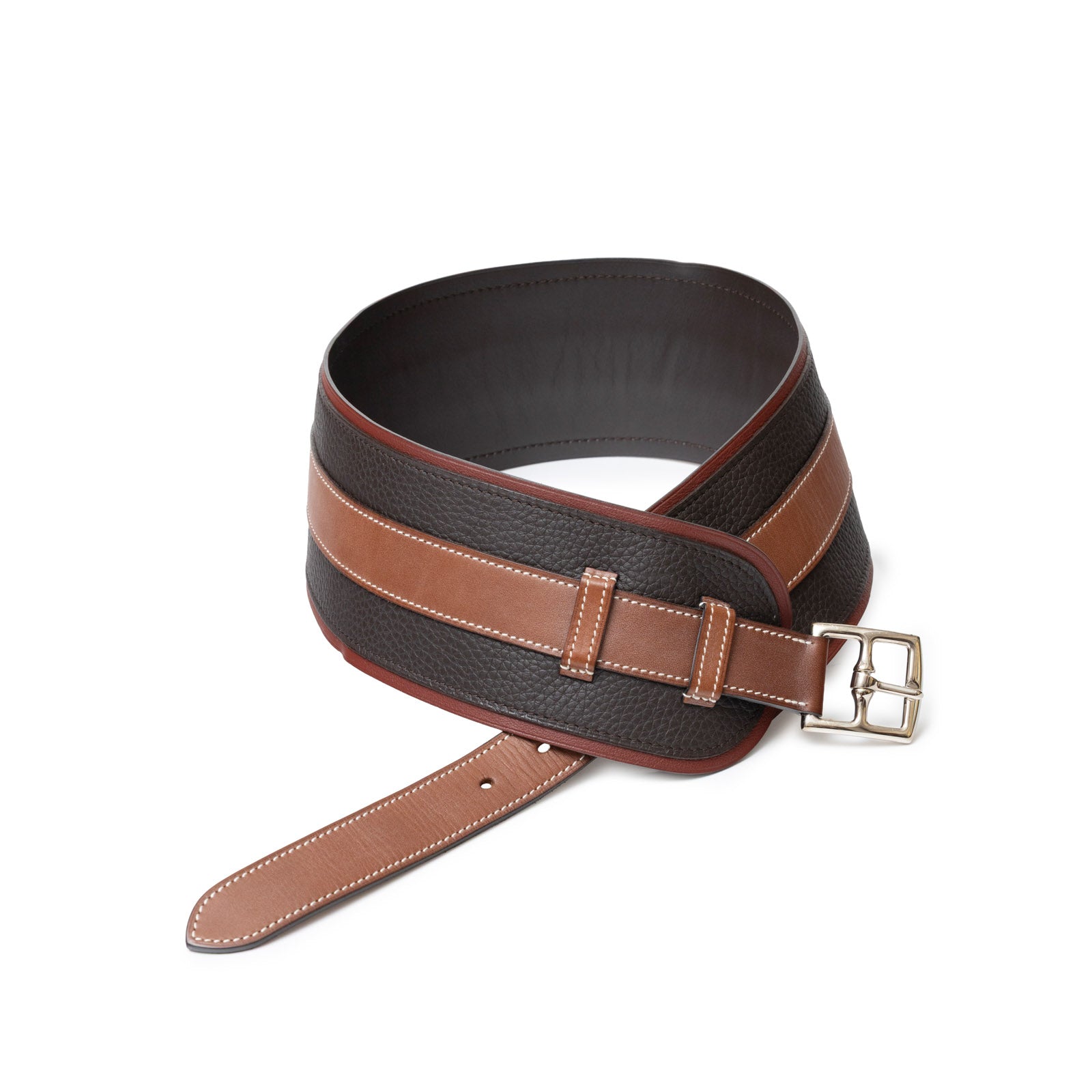 Angled view of Hermès Vintage Waist Belt Brown/Rouge/Natural featuring silver buckle and stitched leather detail