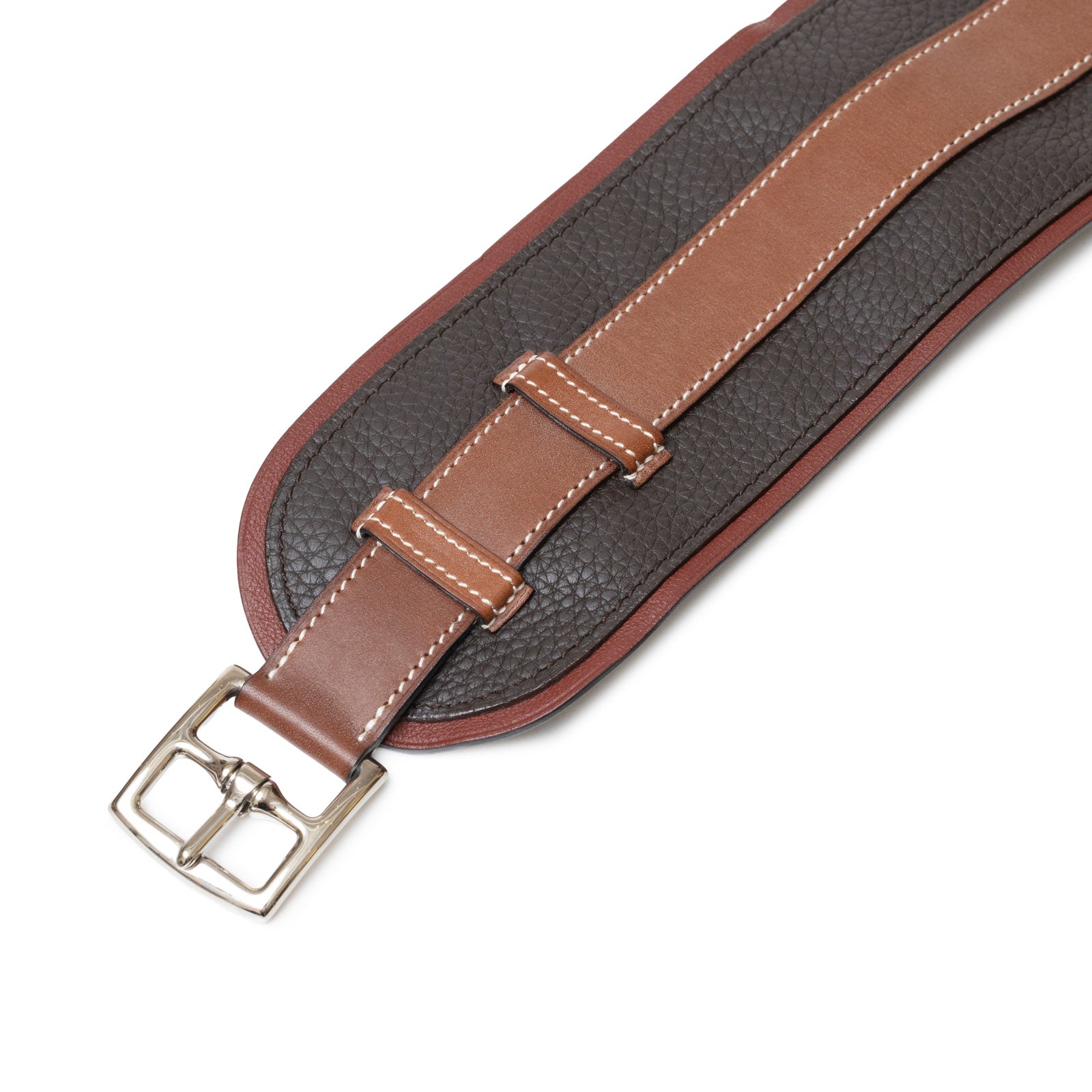 Close-up angled shot of Hermès Vintage Waist Belt Brown/Rouge/Natural showing leather texture and silver buckle detail