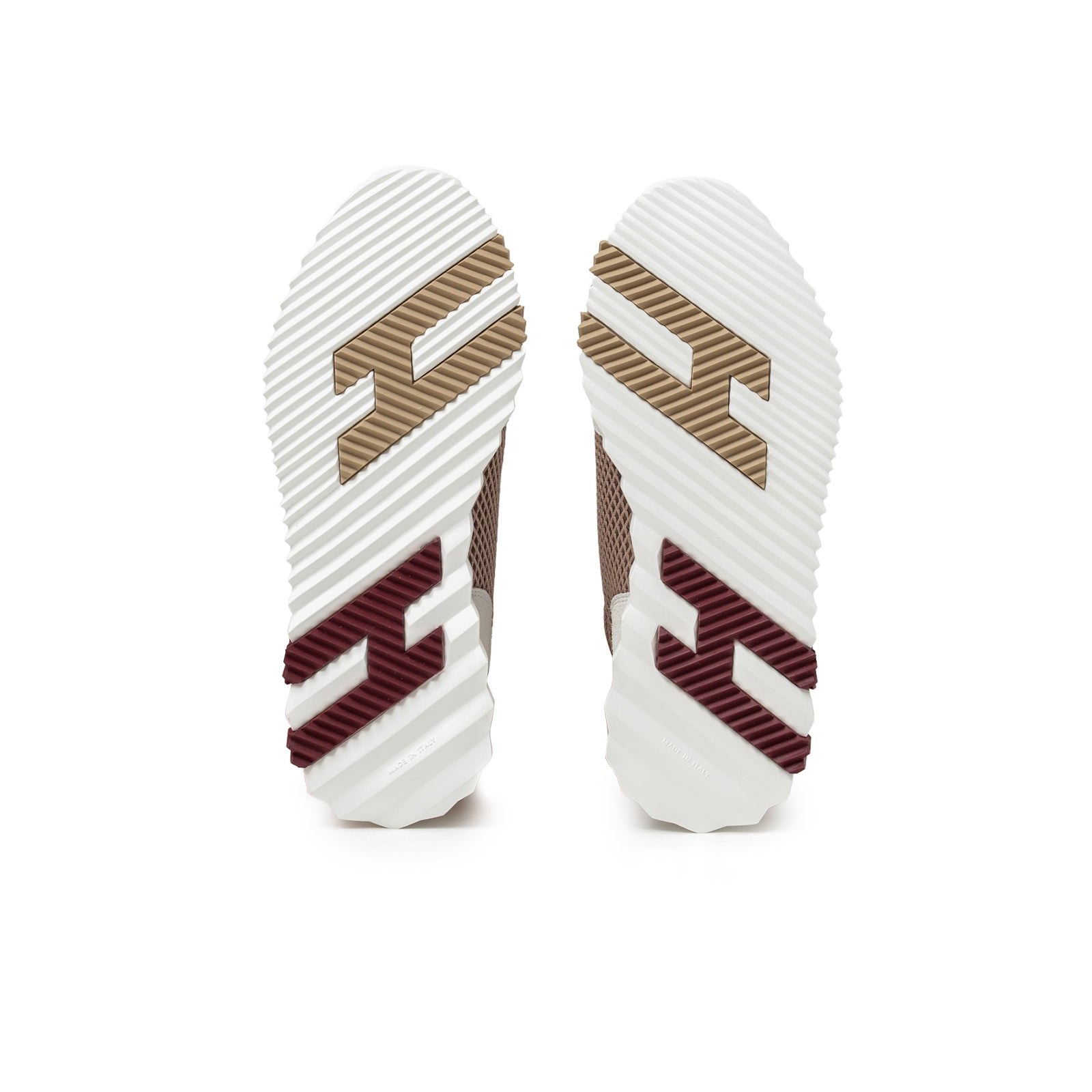 Bottom view of Hermès Women's Bouncing Sneaker Beige Argile showing textured sole with brown and maroon H logos