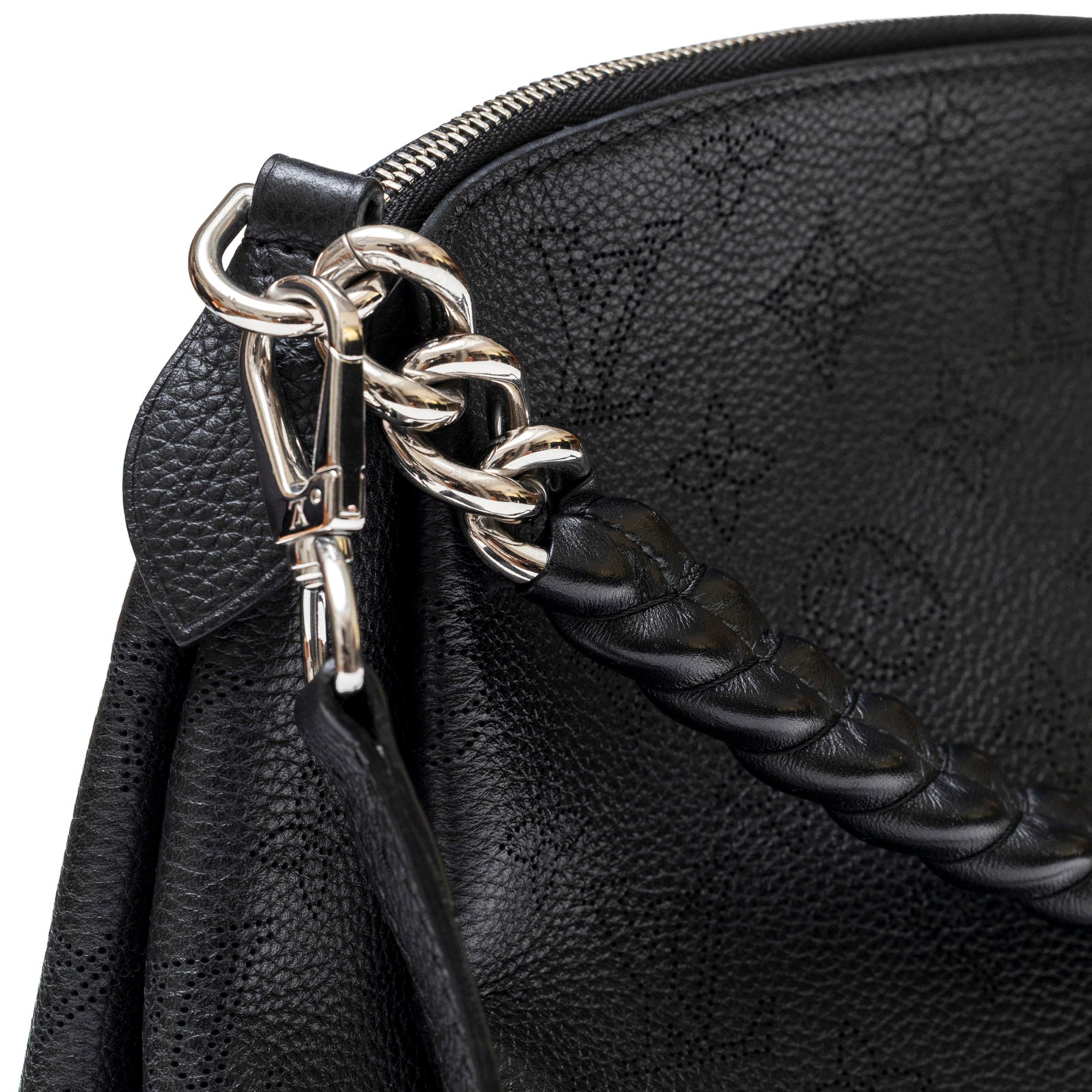Close-up of silver chain and braided leather handle on Louis Vuitton Babylon Chain BB Shoulder Bag Mahina Noir