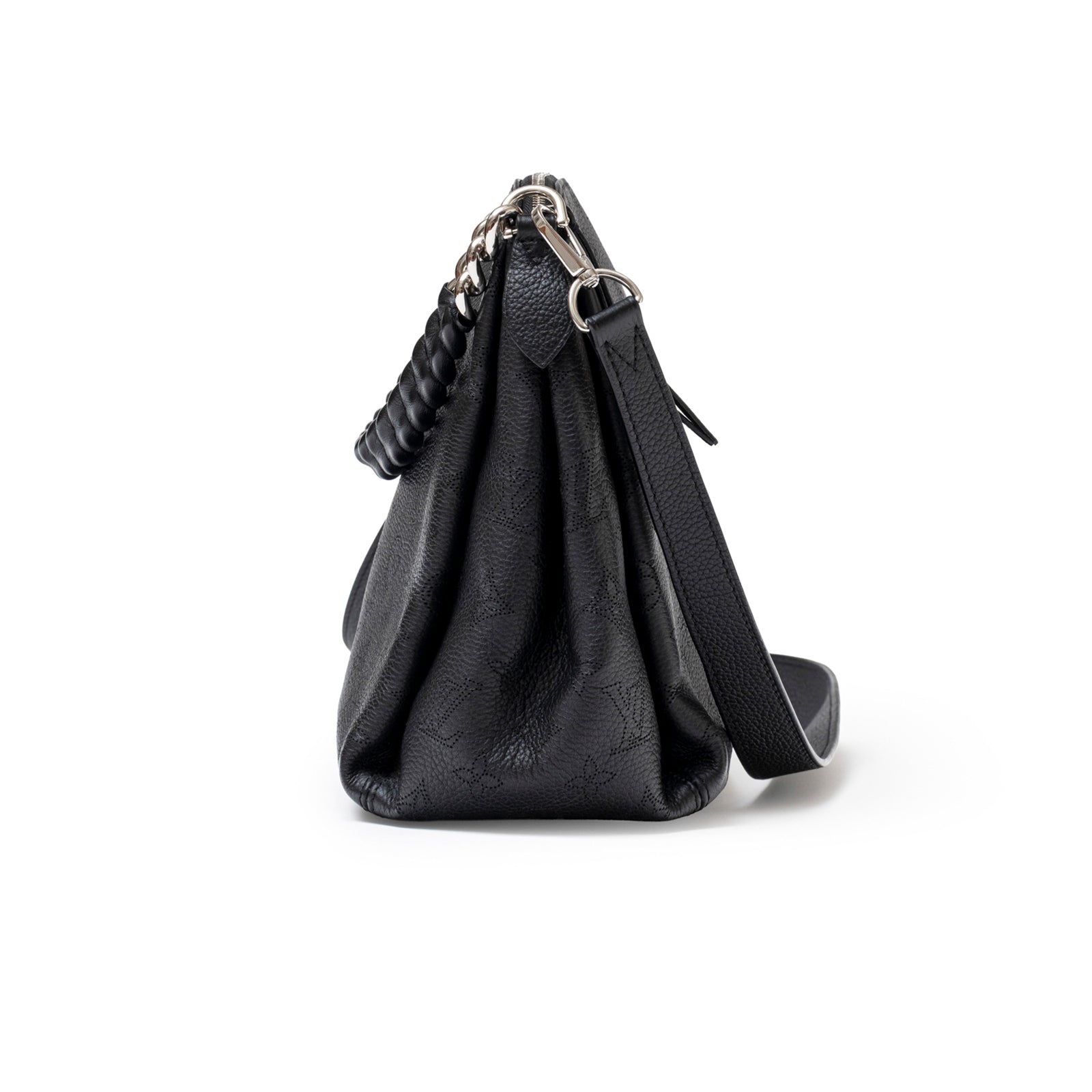 Side view of Louis Vuitton Babylon Chain BB Shoulder Bag Mahina Noir showing textured leather and chain strap details
