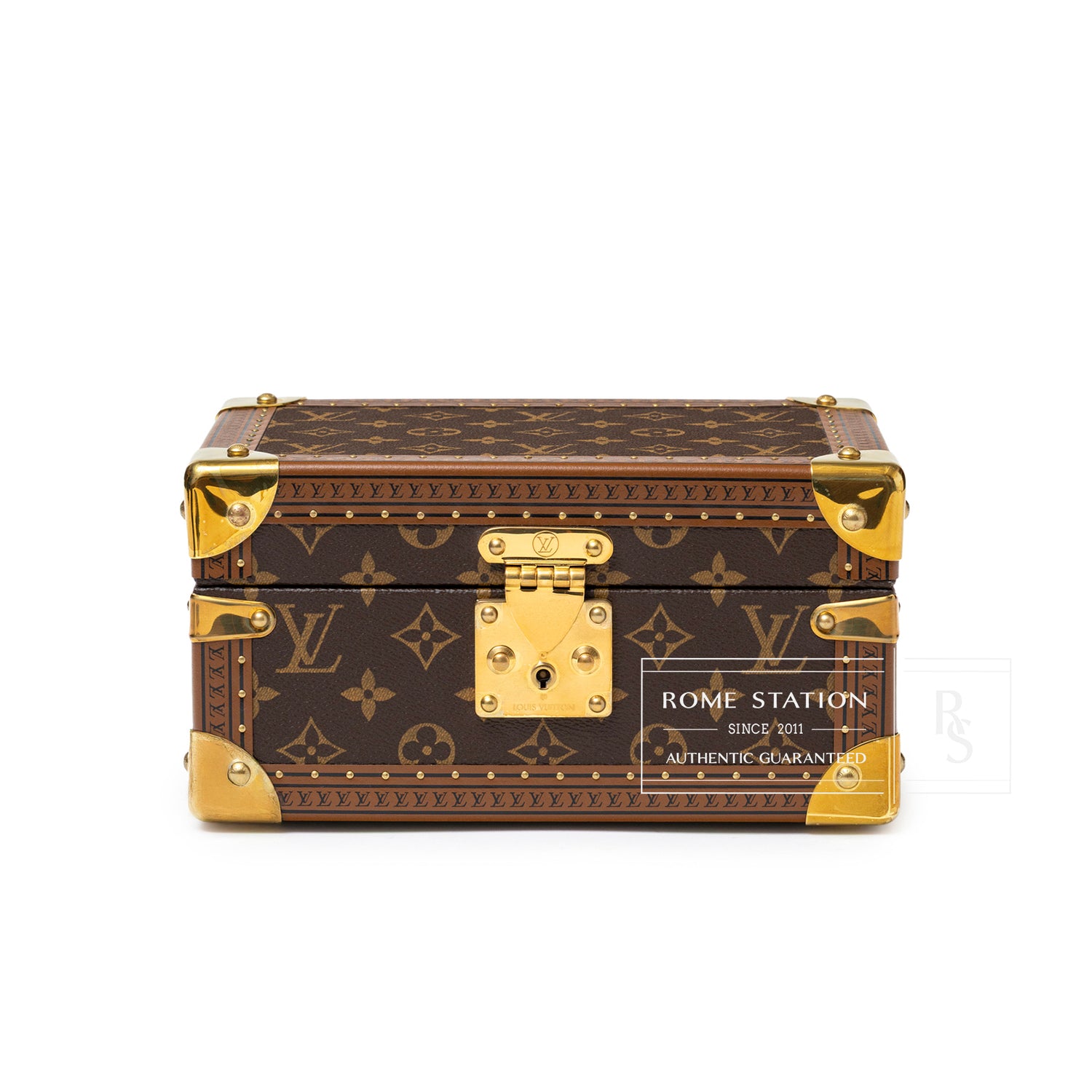 Front view of Louis Vuitton Coffret Trésor 24 Monogram/Pink Gold Hardware with lock and corner details