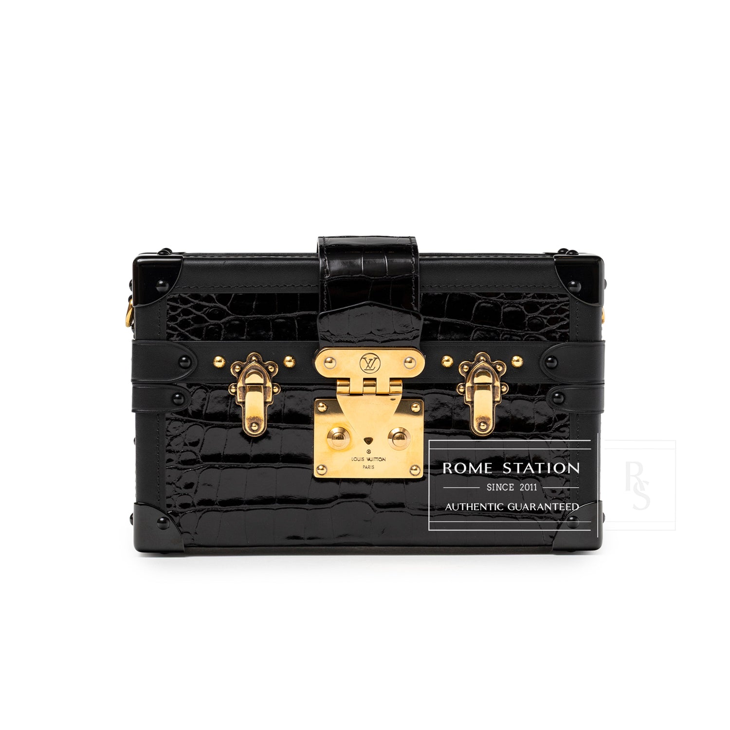 Front view of Louis Vuitton Petite Malle Black Shiny Niloticus Gold Hardware featuring textured croc leather and gold clasp detail